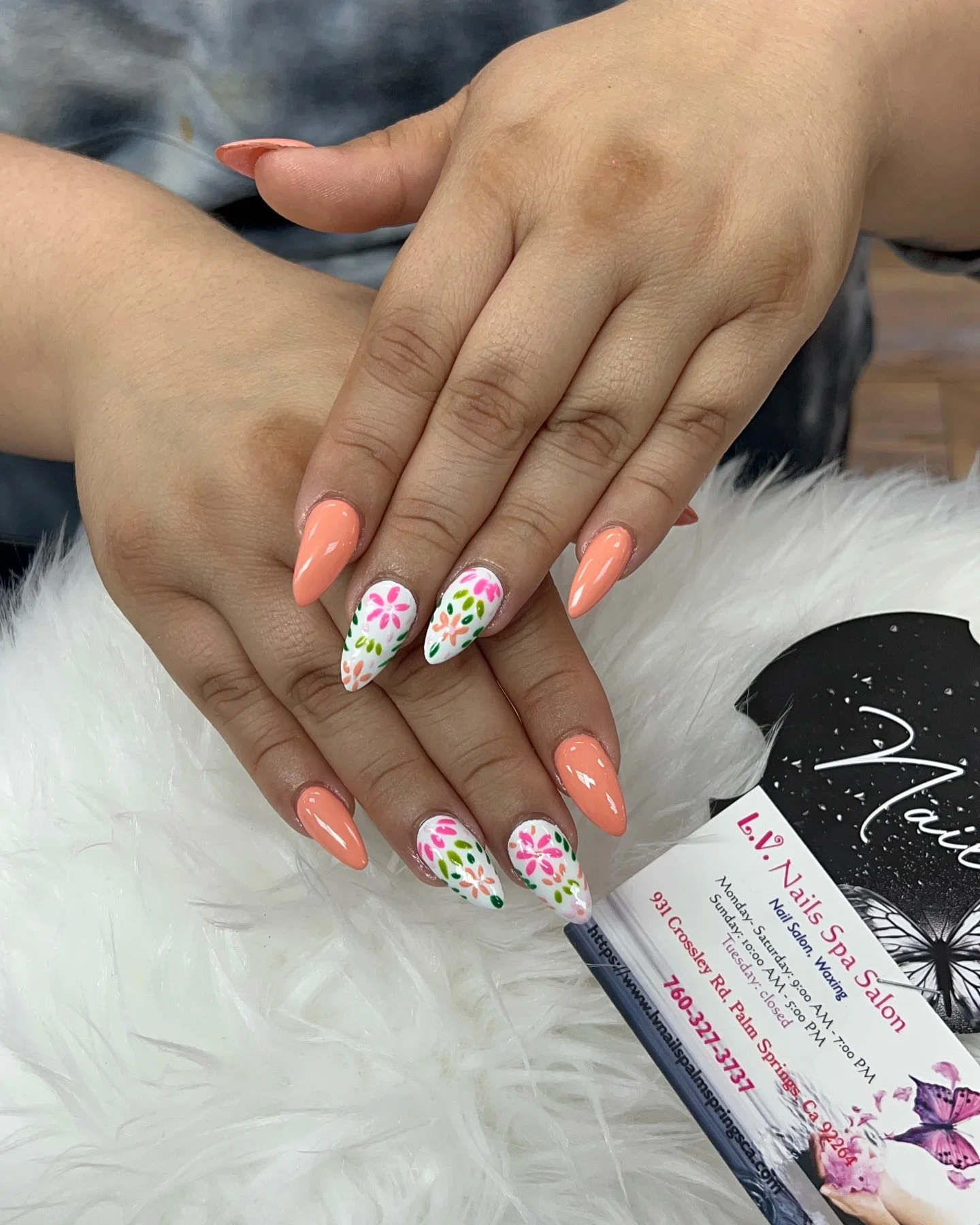 summer vibrant nails 2026 Peach Blossom Almond Nails With Soft Floral Details