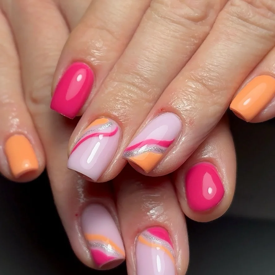 bright summer nails 2026 Pink And Peach Waves With A Modern Twist