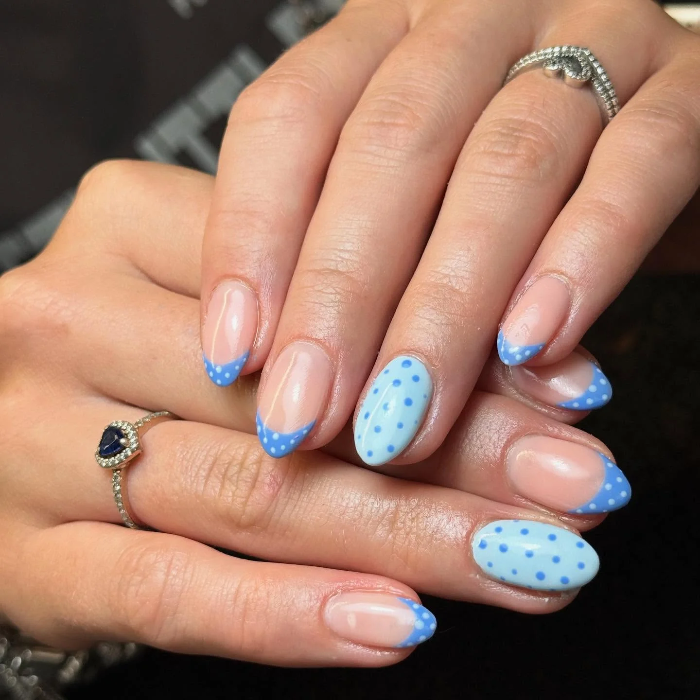 polka dot summer nails 2026 Powder Blue French Tips With Soft Polka Dot Details