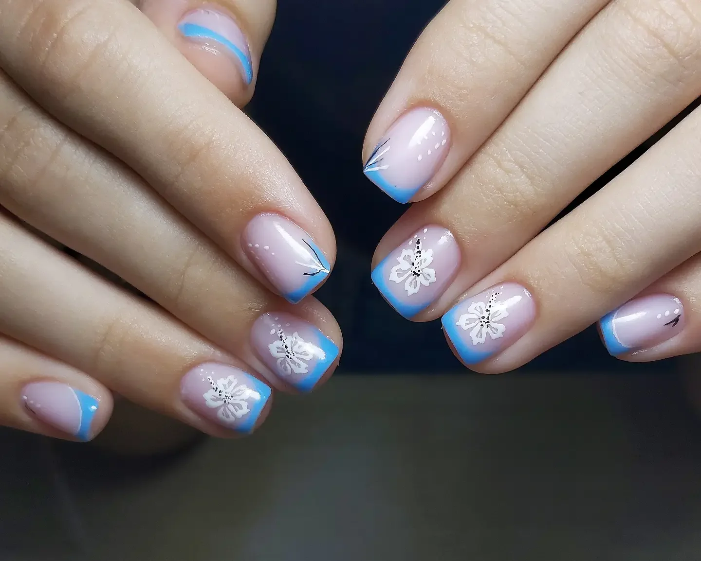 short squoval nails design 2026 Soft Blue Blossom French For Fresh Summer Days
