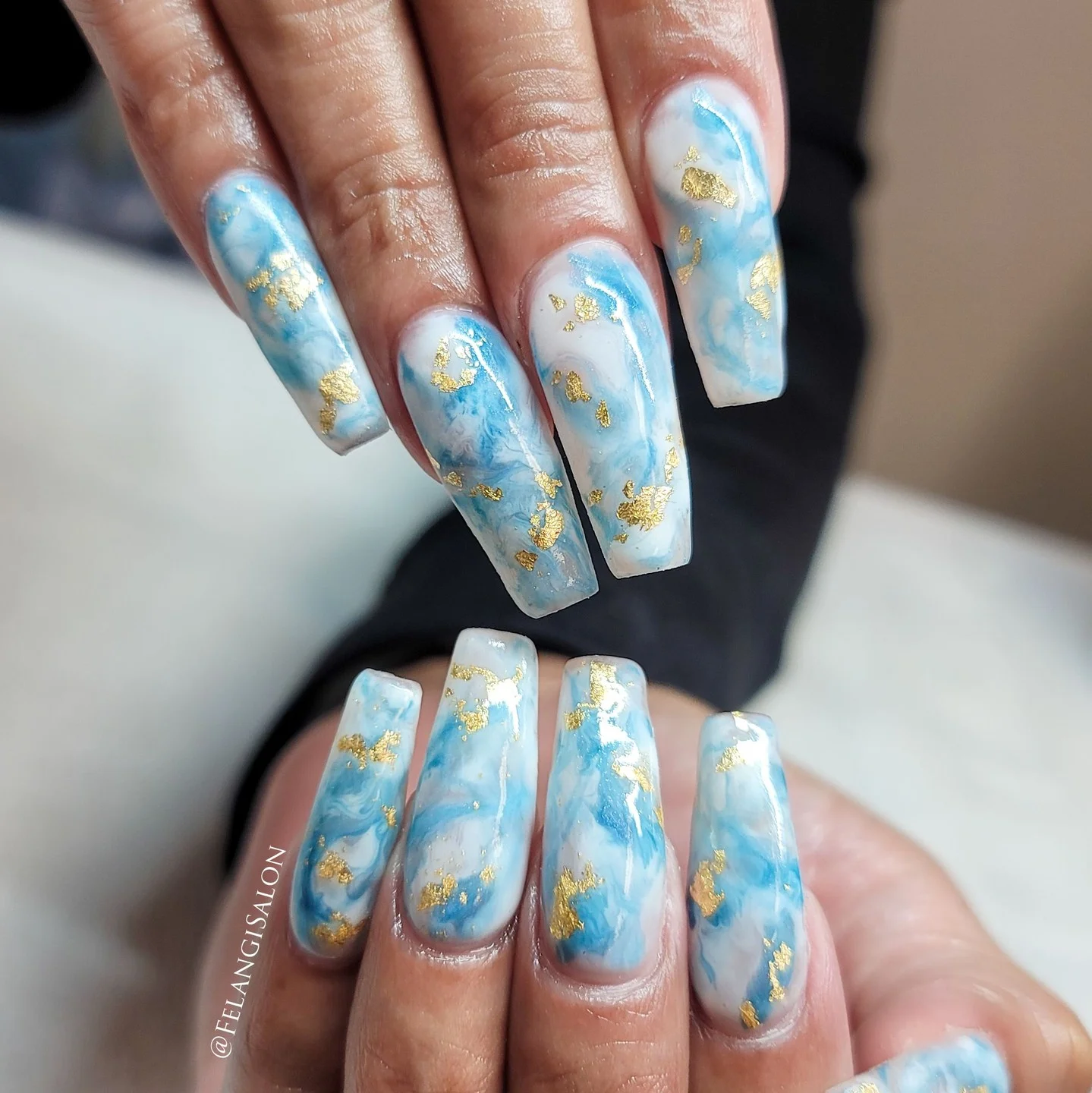 summer acrylic nails 2026 Blue Marble Acrylic Nails With Gold Foil Details