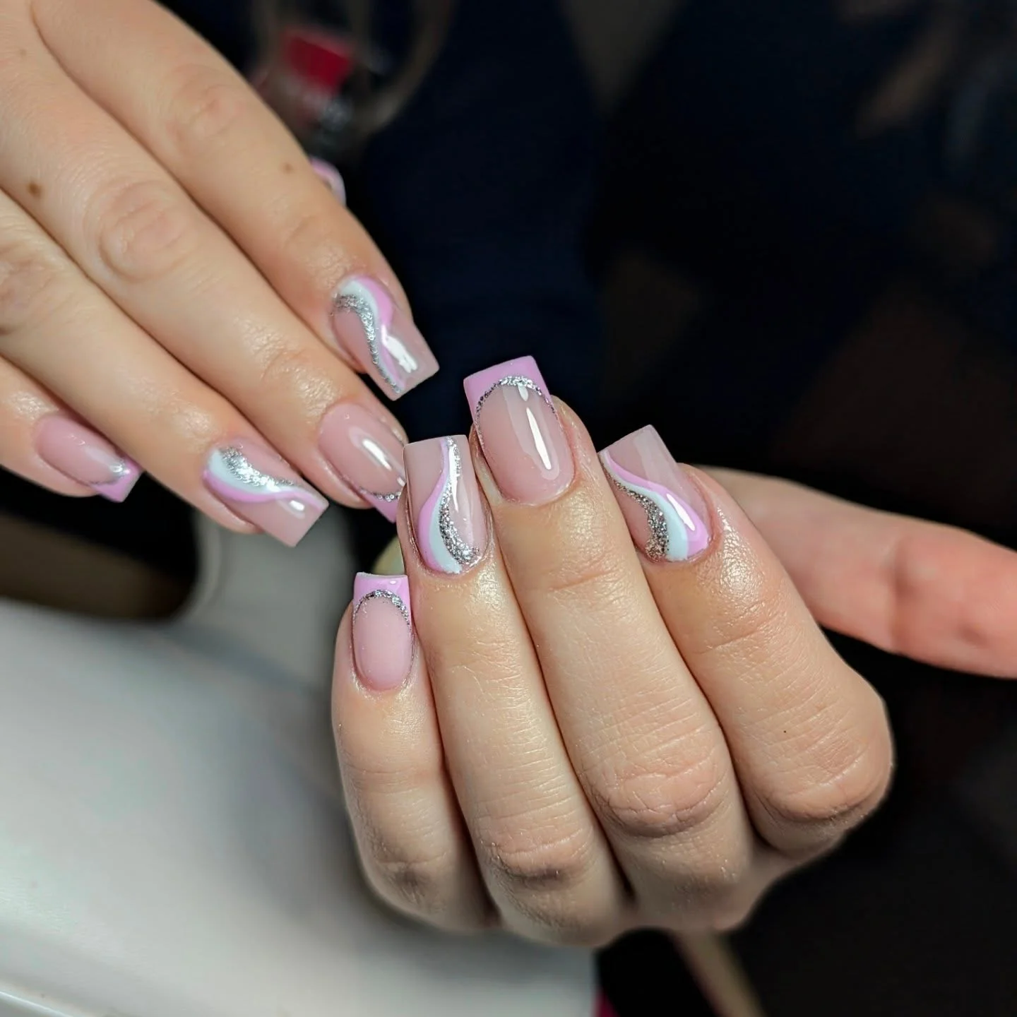 summer glitter nails 2026 Soft Pink Swirls With Delicate Silver Details