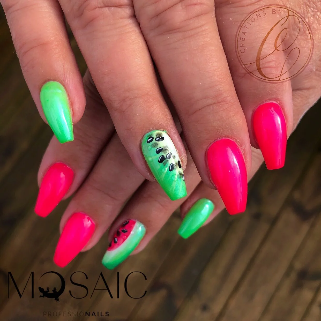 summer nails watermelon 2026 Hot Pink And Kiwi Contrast Nails With Tropical Energy