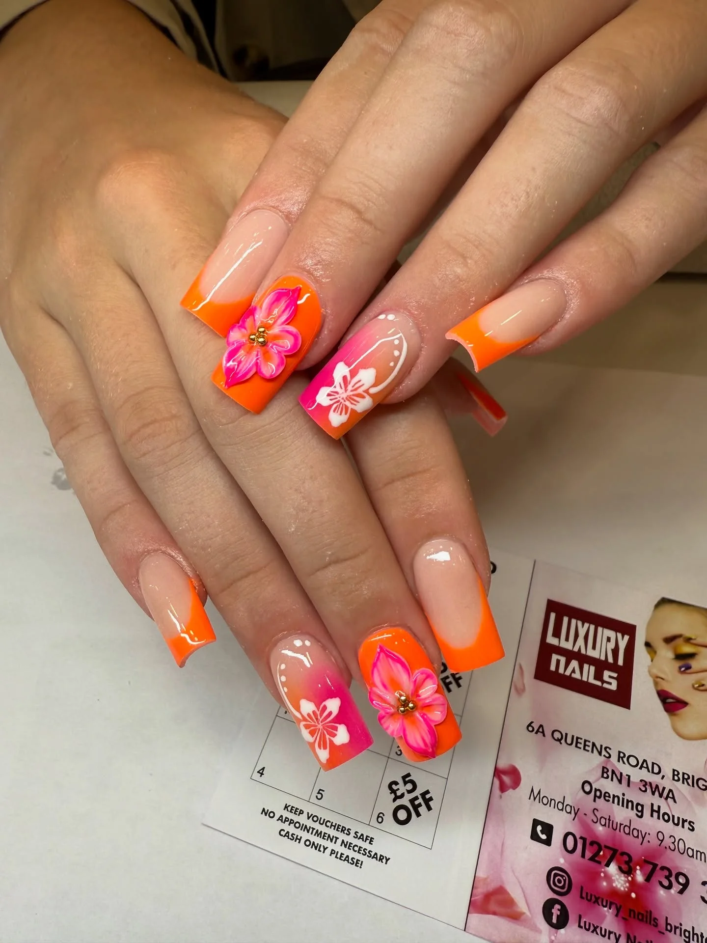 summer vacation nails 2026 Hot Coral Floral Square Nails