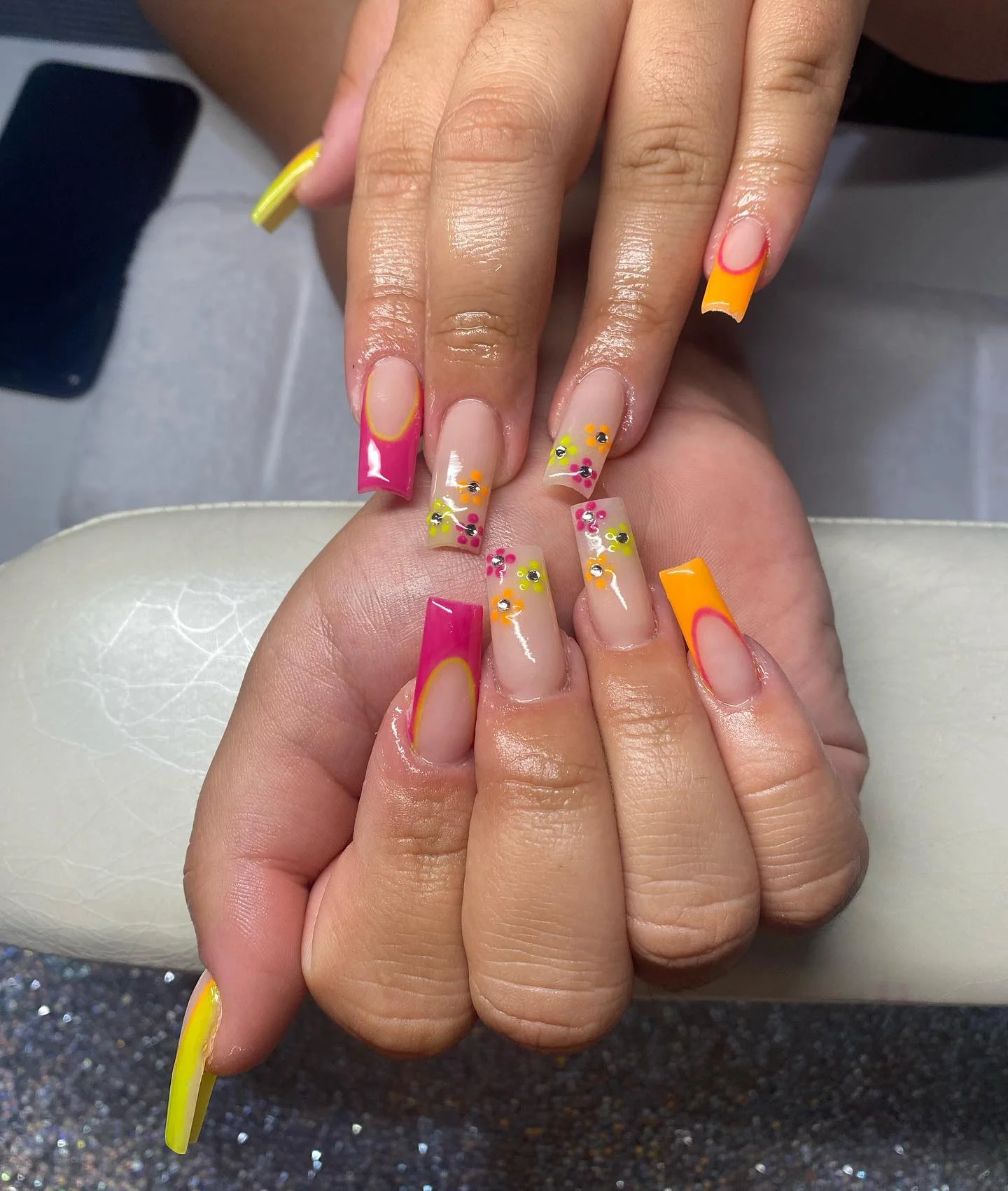 summer vibrant nails 2026 Neon French Tips With Tiny Summer Florals