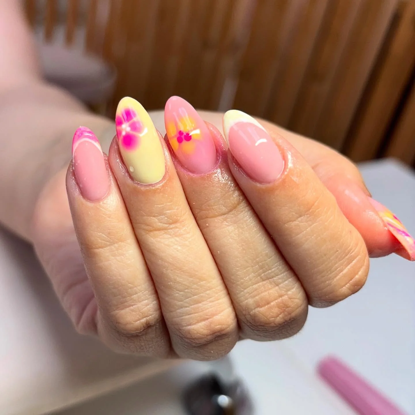 light summer nails 2026 Soft Pink And Lemon Floral Fade Nails