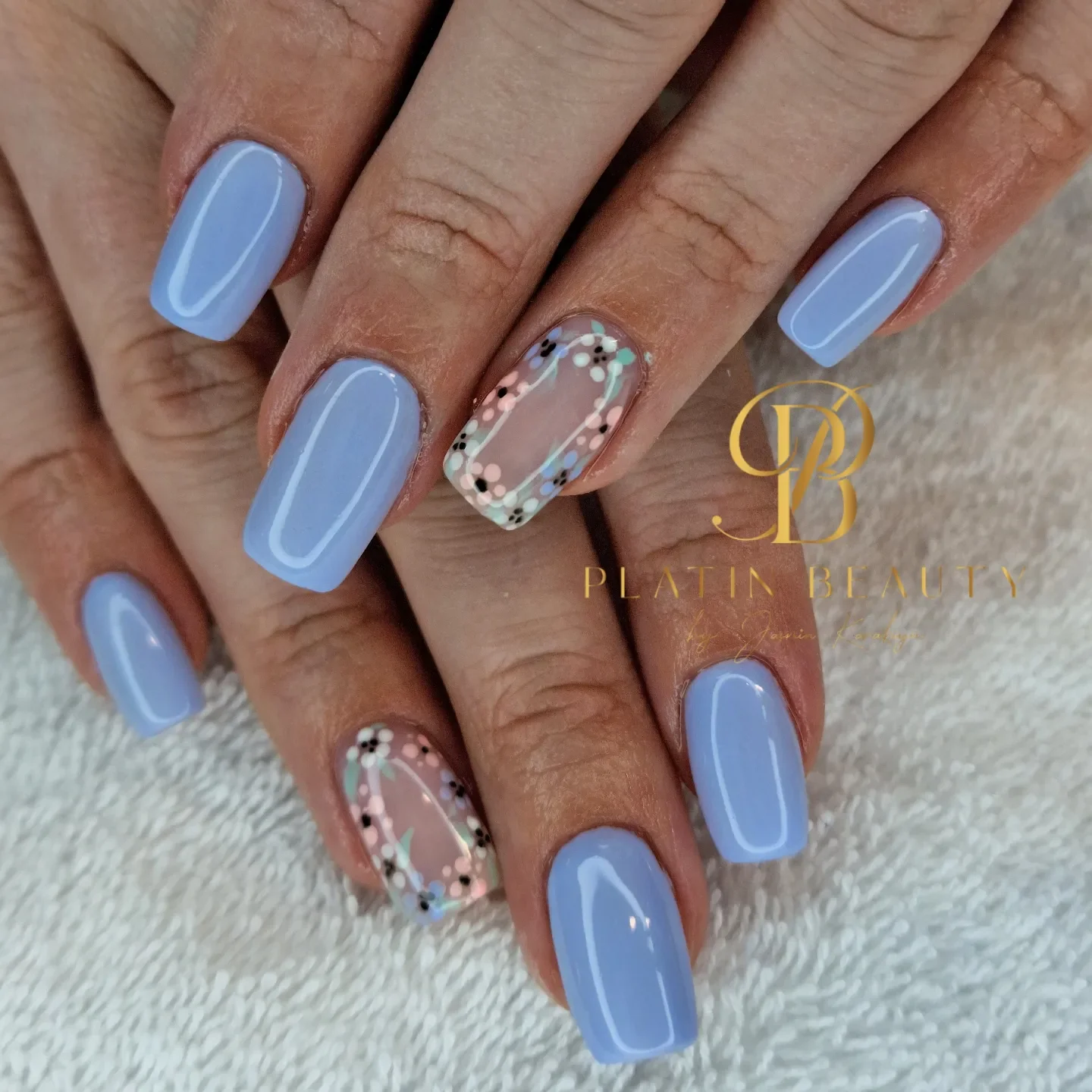 summer flower nails 2026 Powder Blue Square Nails With Minimal Floral Accents