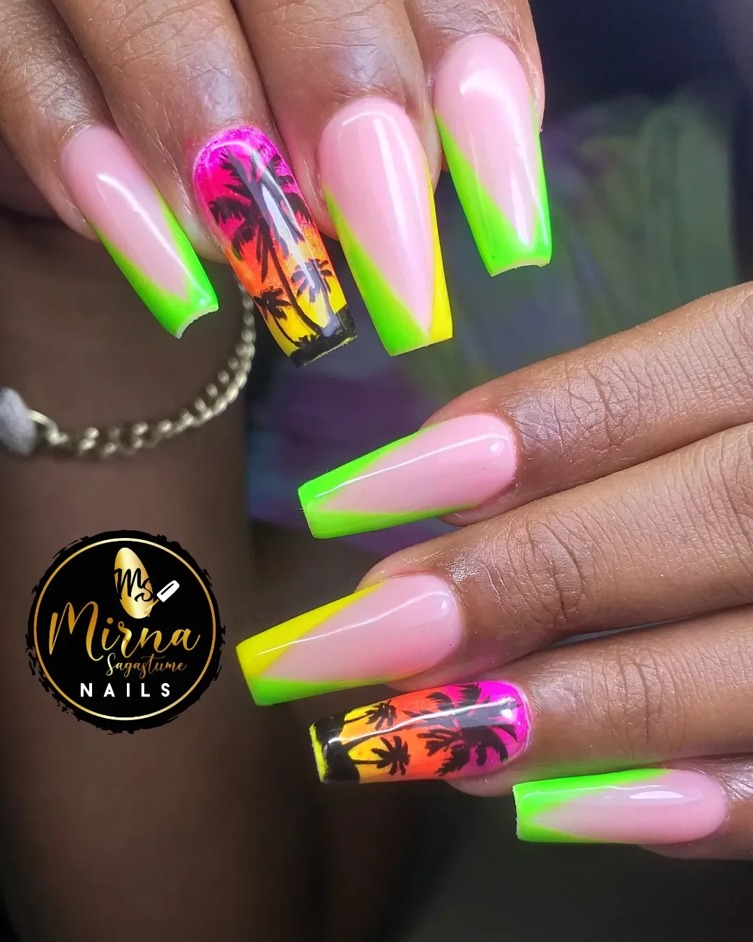summer vacation nails 2026 Electric Sunset Coffin Nails
