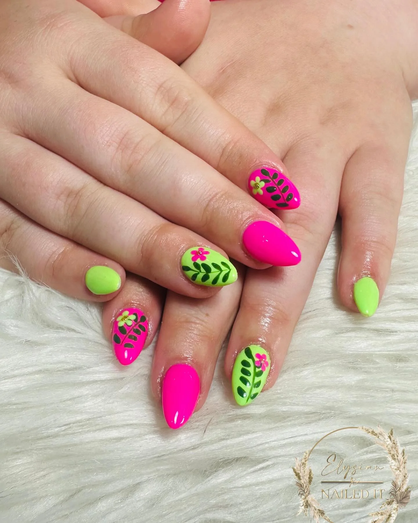 summer vibrant nails 2026 Hot Pink And Lime Green Tropical Nail Combo