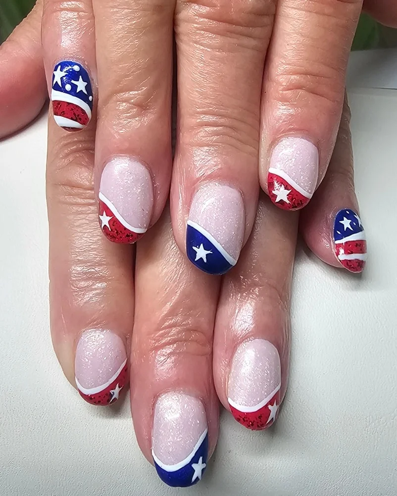 usa nails 2026 Soft Shimmer French Tips With Vintage Americana Details