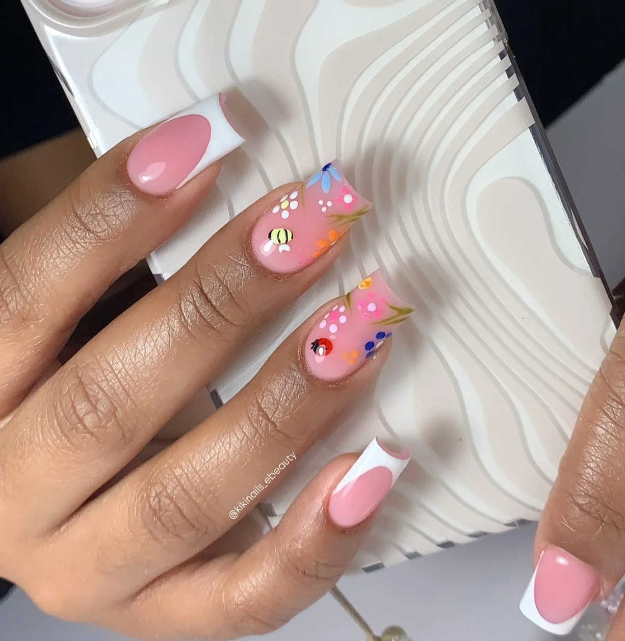 June Nails Ideas 2026 - Summer Trends 2026 Pink Garden French Tips With Tiny Summer Details