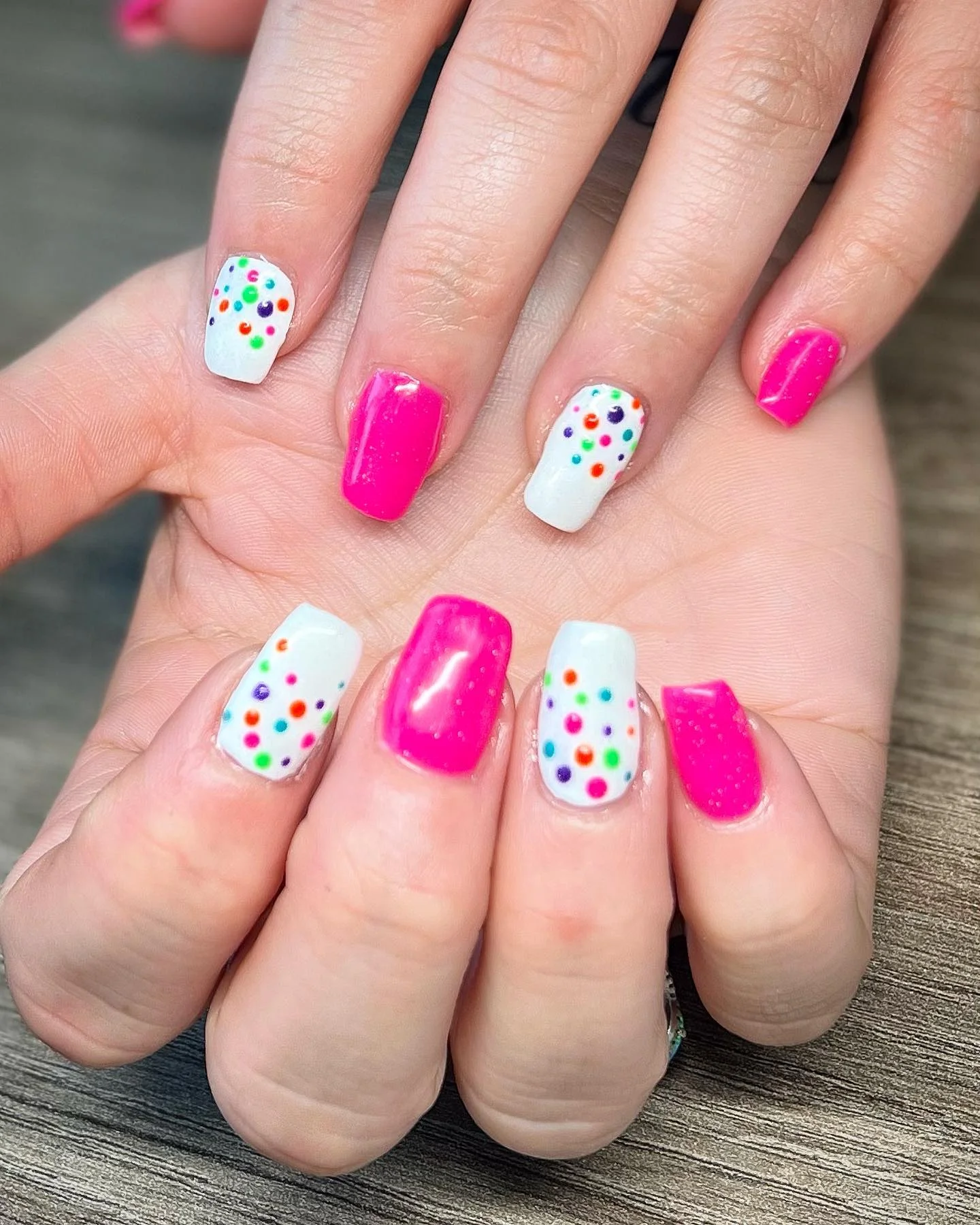 pink summer nails 2026 Bright Pink Candy Nails With Confetti Dots