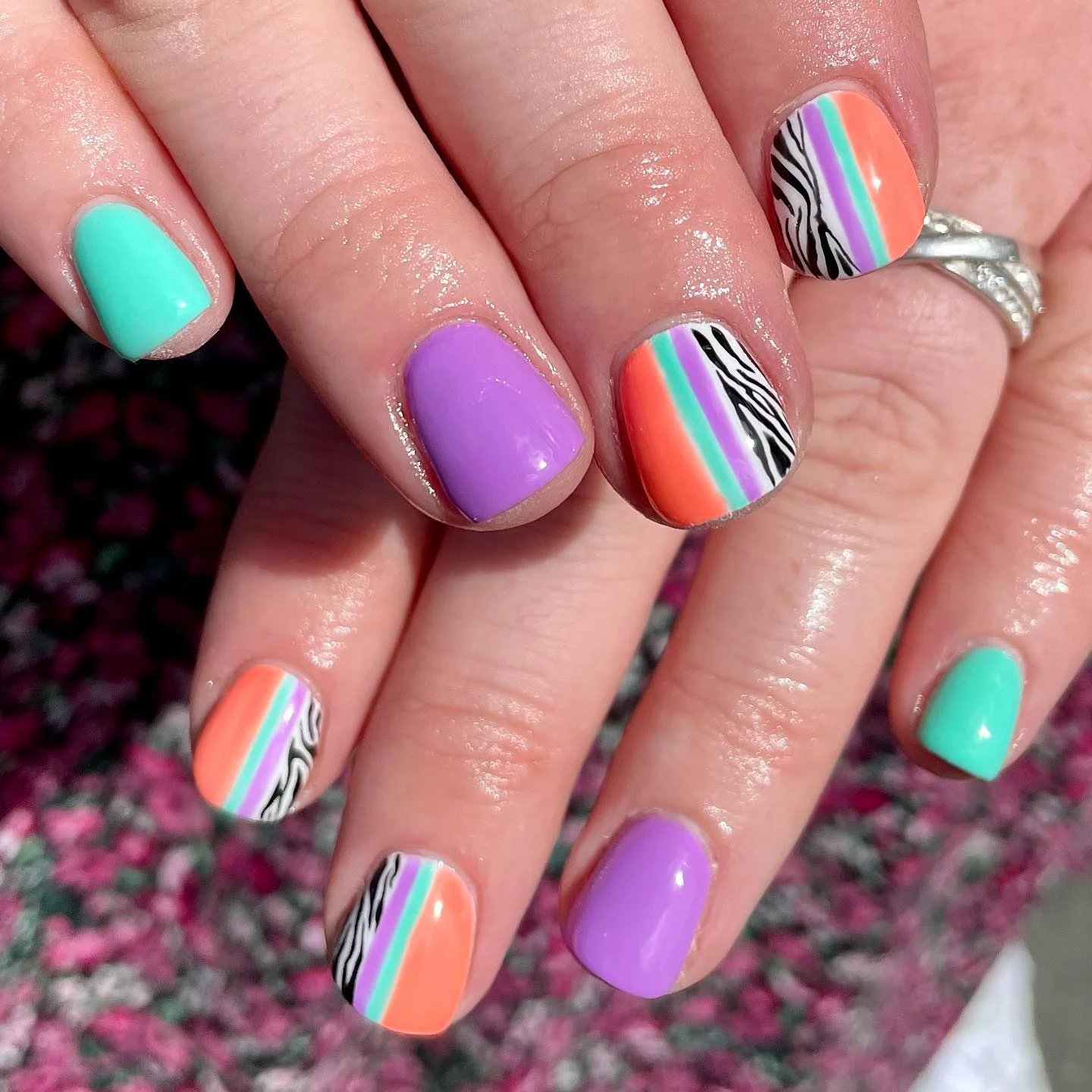short gel nails summer 2026 Neon Pastel Stripes With A Modern Zebra Twist