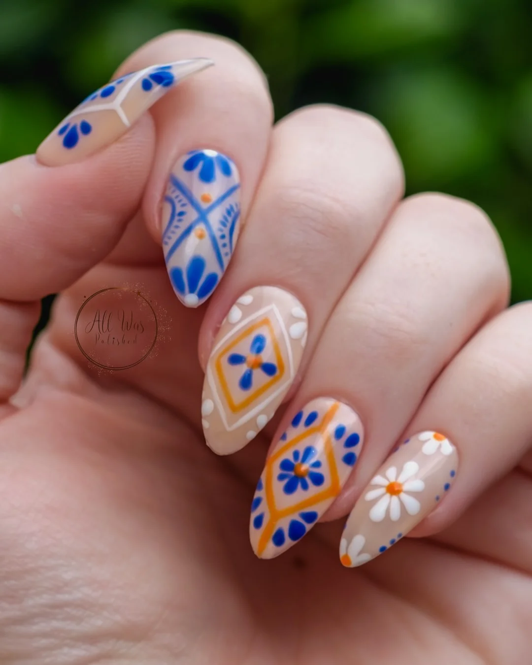 summer nail art 2026 Mediterranean Tile Inspired Blue Floral Nails