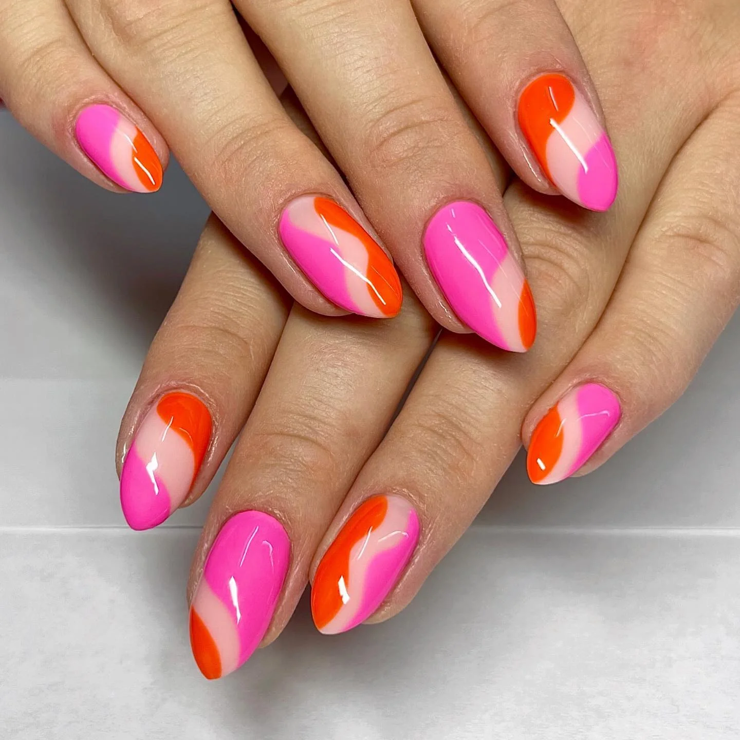 summer nails design 2026 Hot Pink And Orange Color Wave Nails