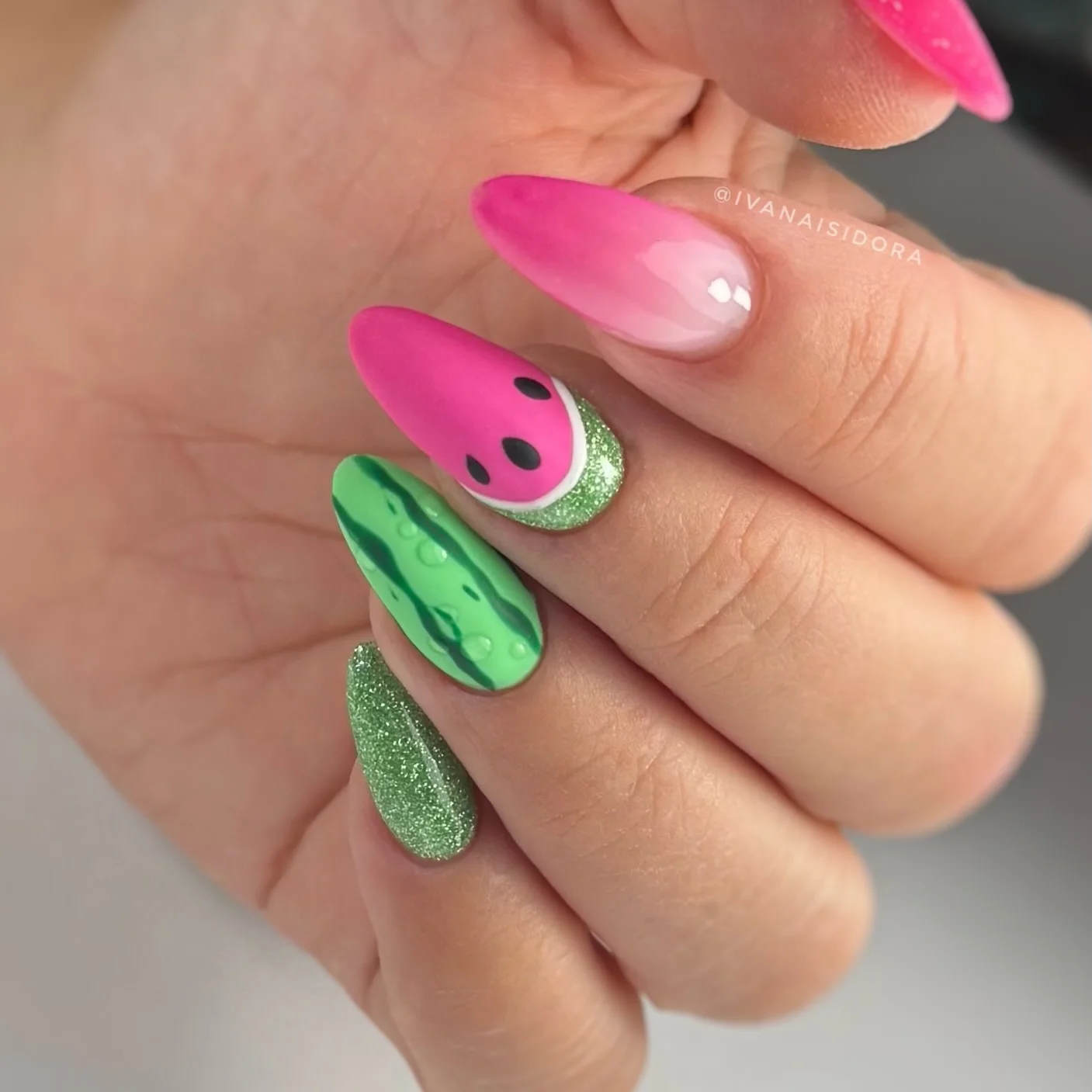 summer nails watermelon 2026 Glossy Pink And Green Watermelon Art With Glitter Details