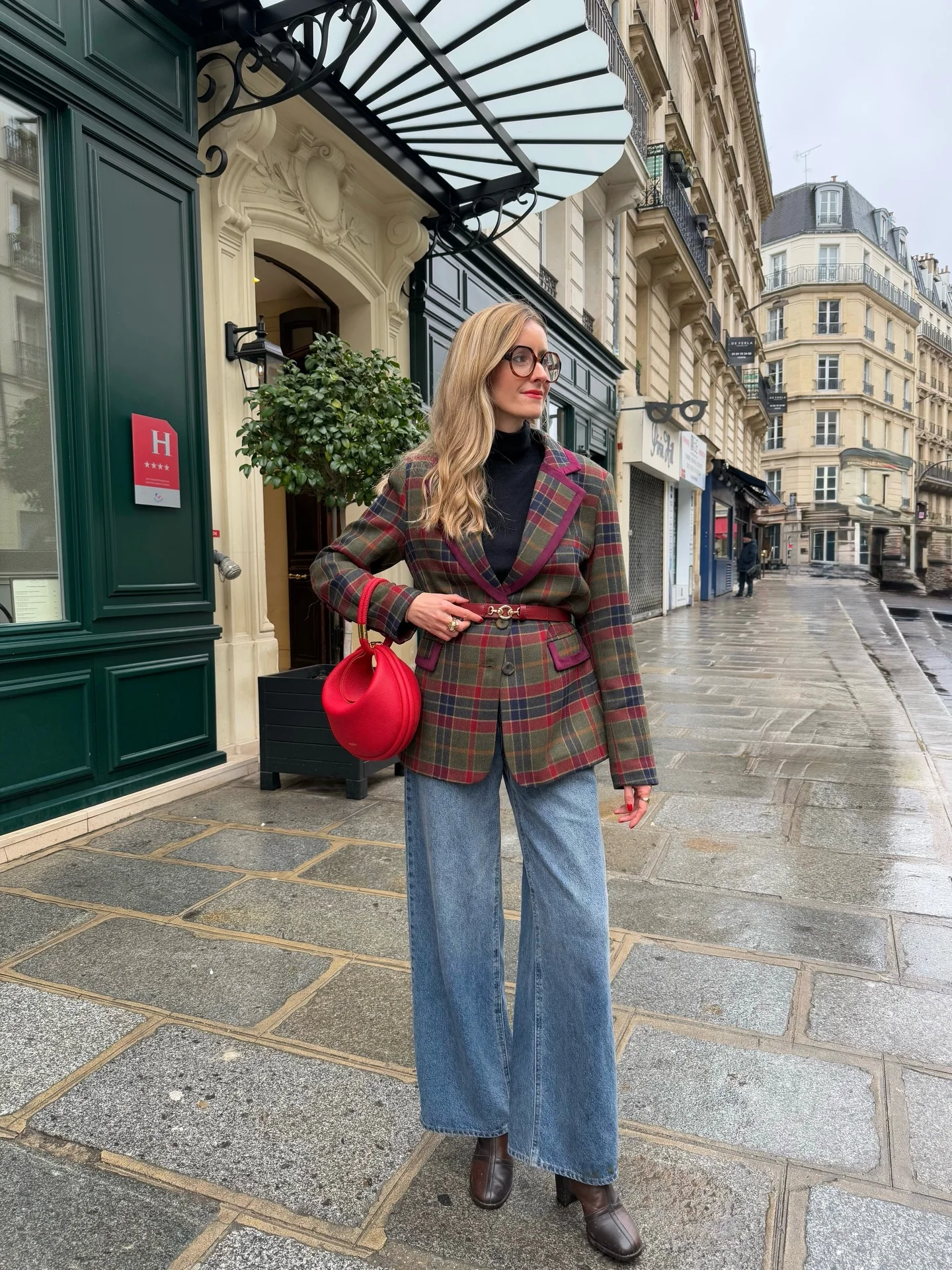 cute fall blazer outfits 2026 Parisian Plaid And Wide-Leg Denim Elegance