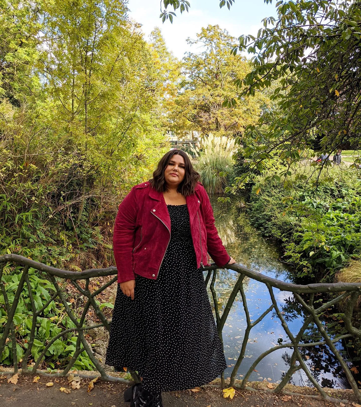 fall outfits for plus size women 2026 Berry Moto Jacket And Flowing Midi Dress
