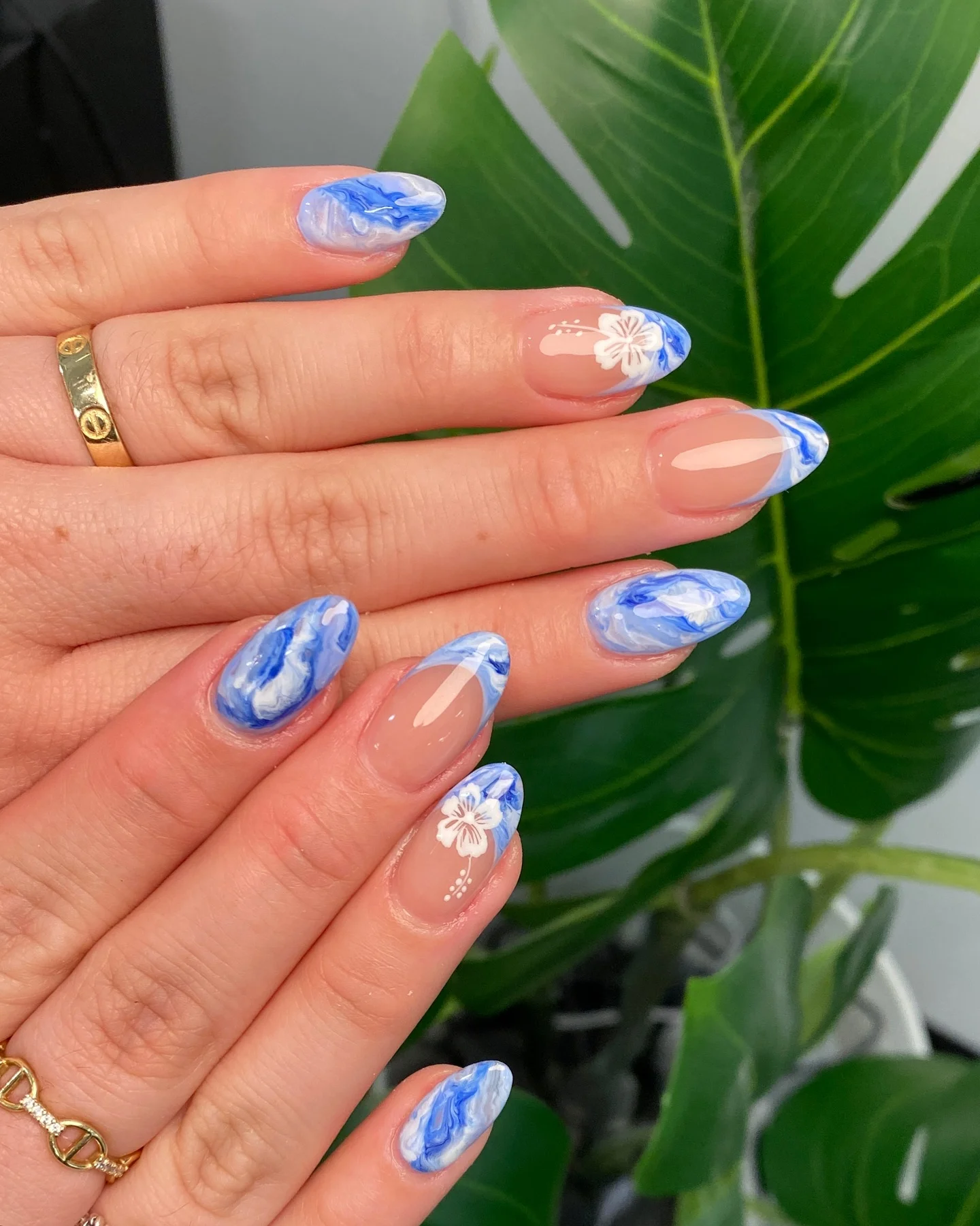 summer oval nails 2026 Ocean Marble Blossom Nails