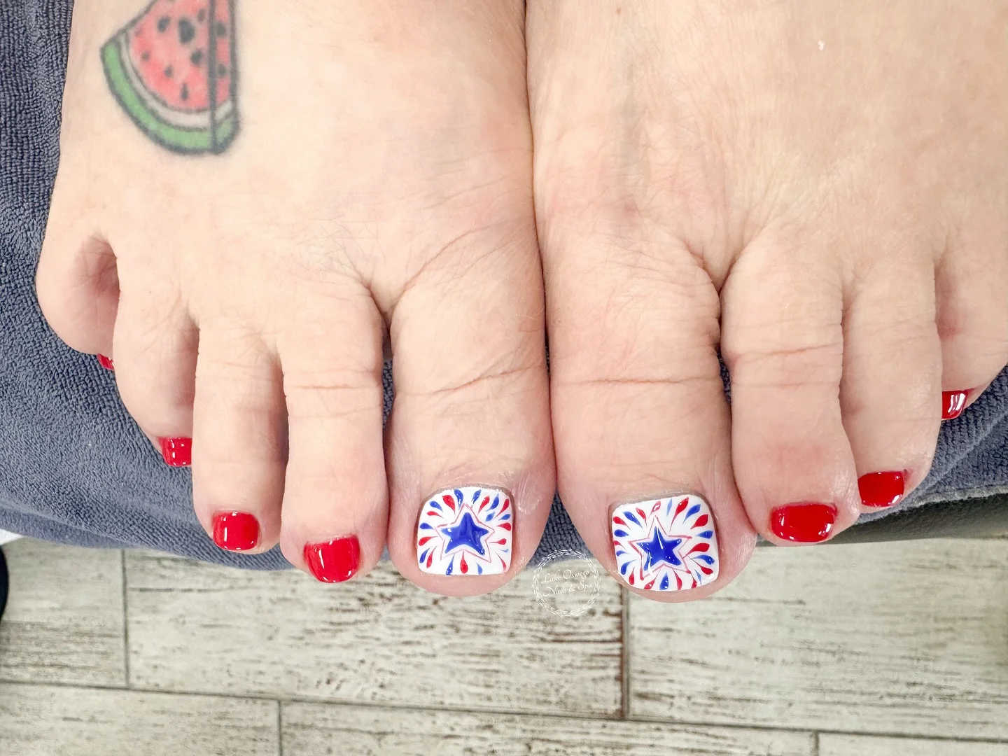 july toe nails design - summer ideas 2026 Firework Star Accent Pedicure In Classic Patriotic Colors