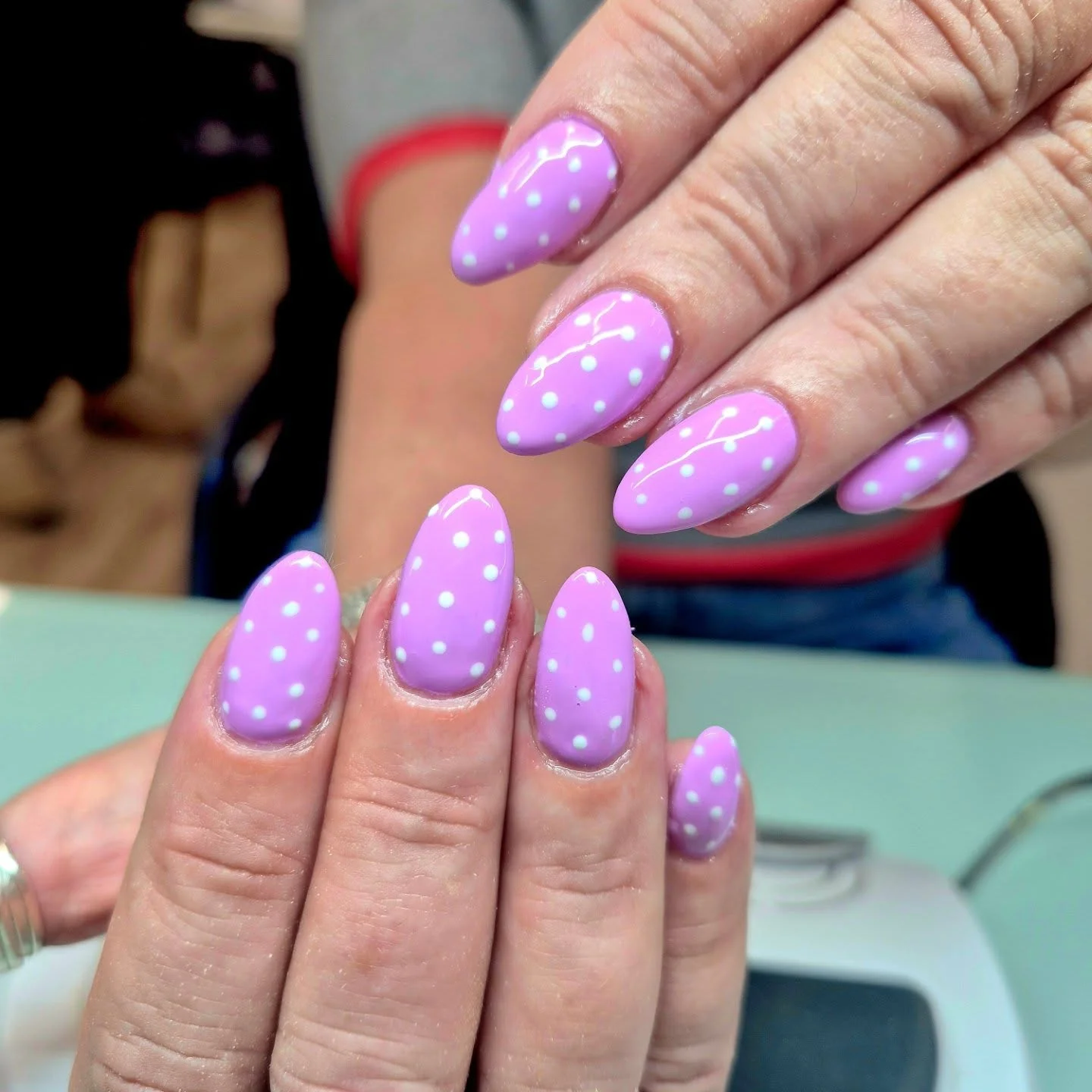 summer oval nails 2026 Lavender Polka Dot Nails With Playful Retro Energy