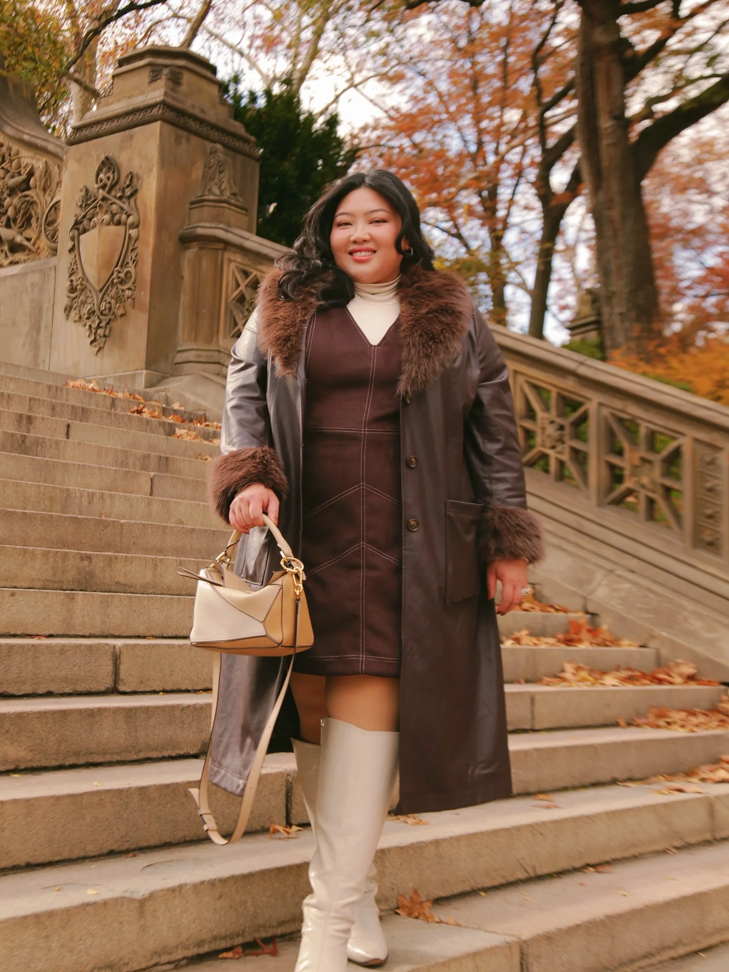 fall outfits for plus size women 2026 Chocolate Leather And Cream Boots For Elevated Autumn Style