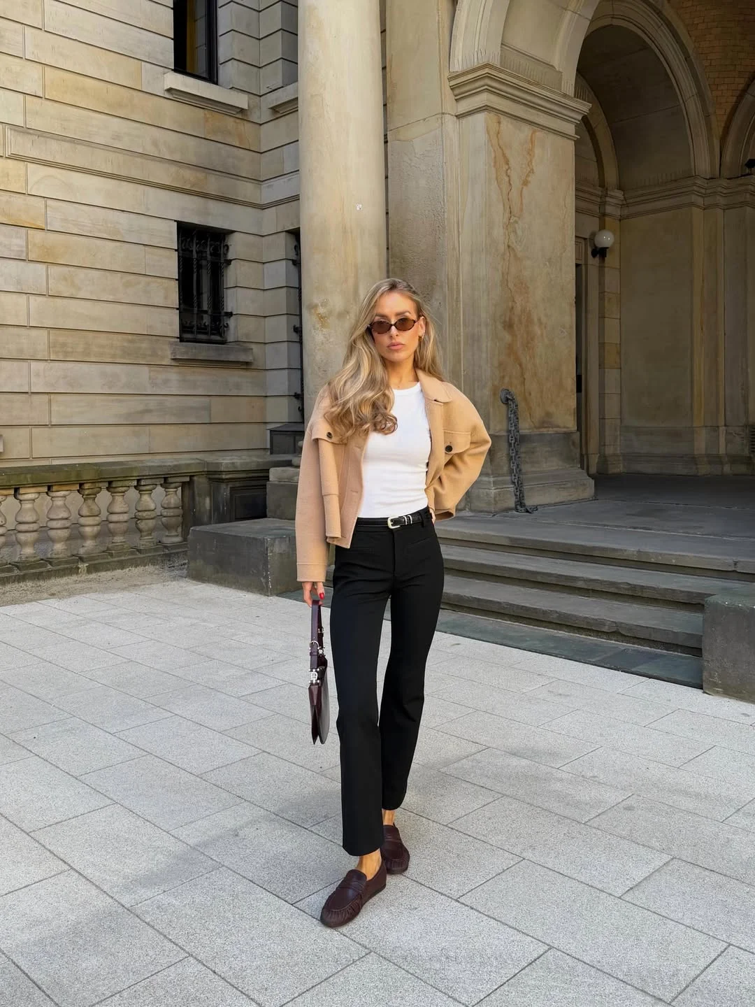 fall pants outfits 2026 Black Tailored Pants And Camel Layers For Timeless City Style