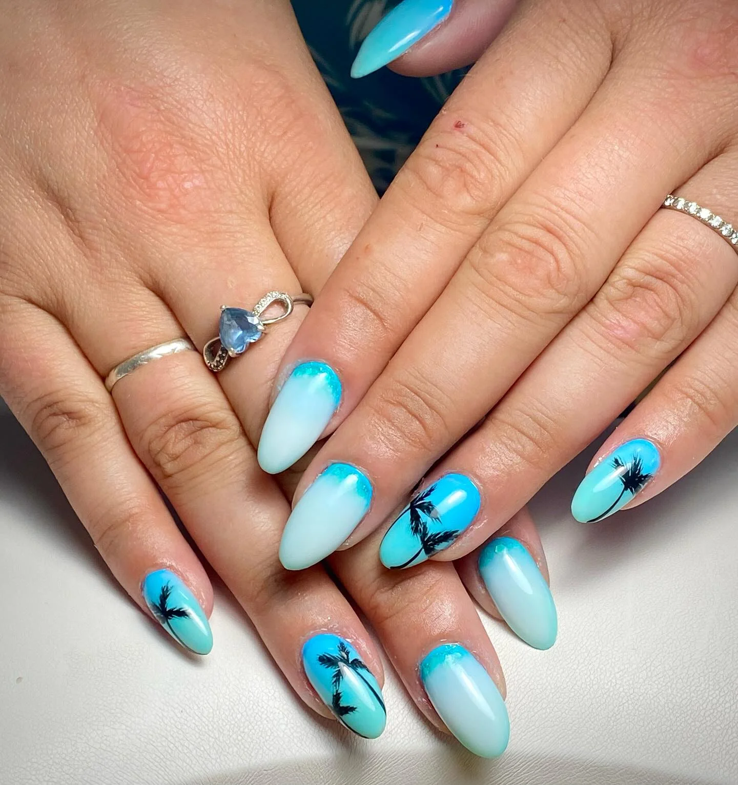 summer oval nails 2026 Tropical Ocean Blue Palm Tree Nails