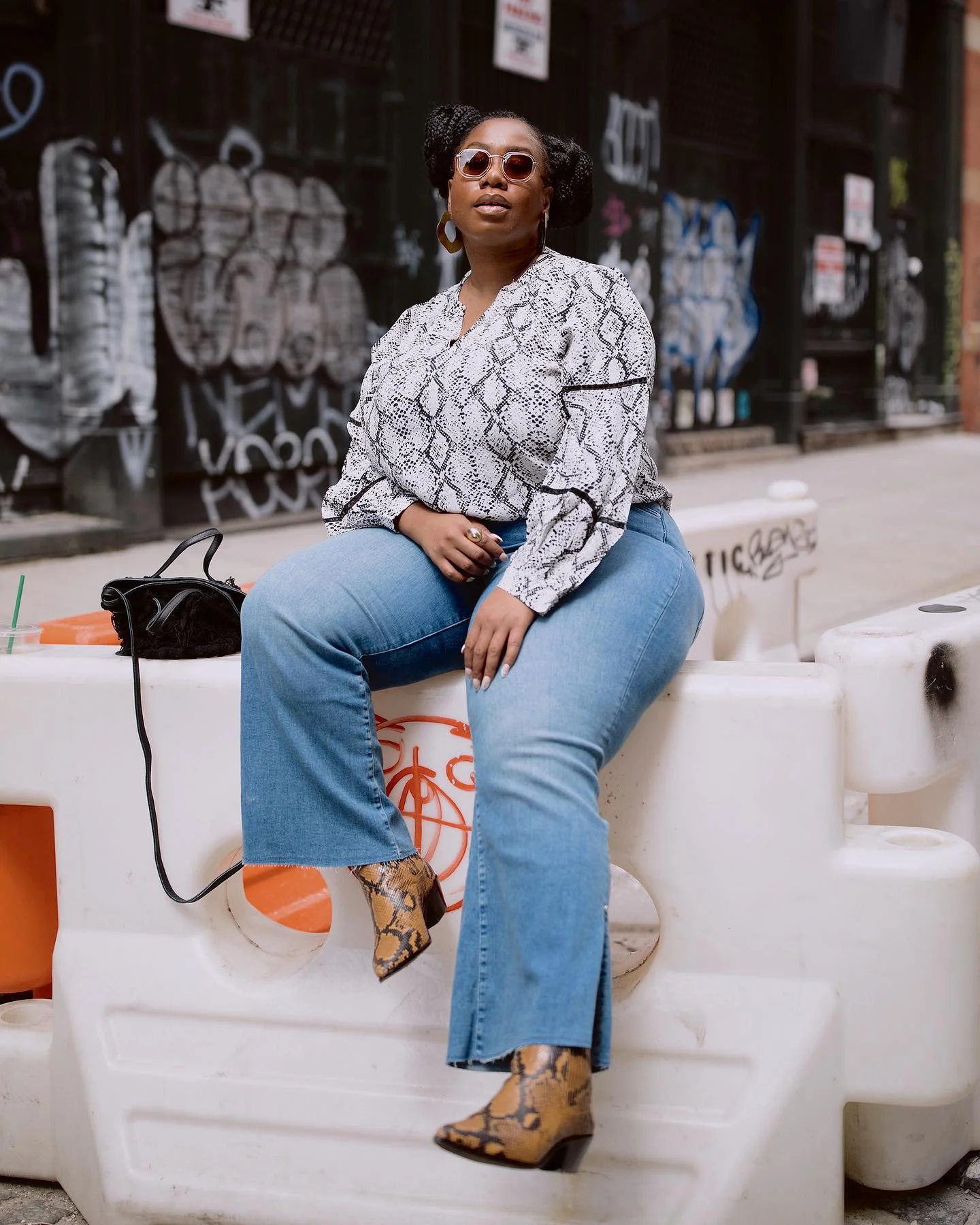 fall outfits for plus size women 2026 Snake Print Blouse And Flared Denim With Urban Energy