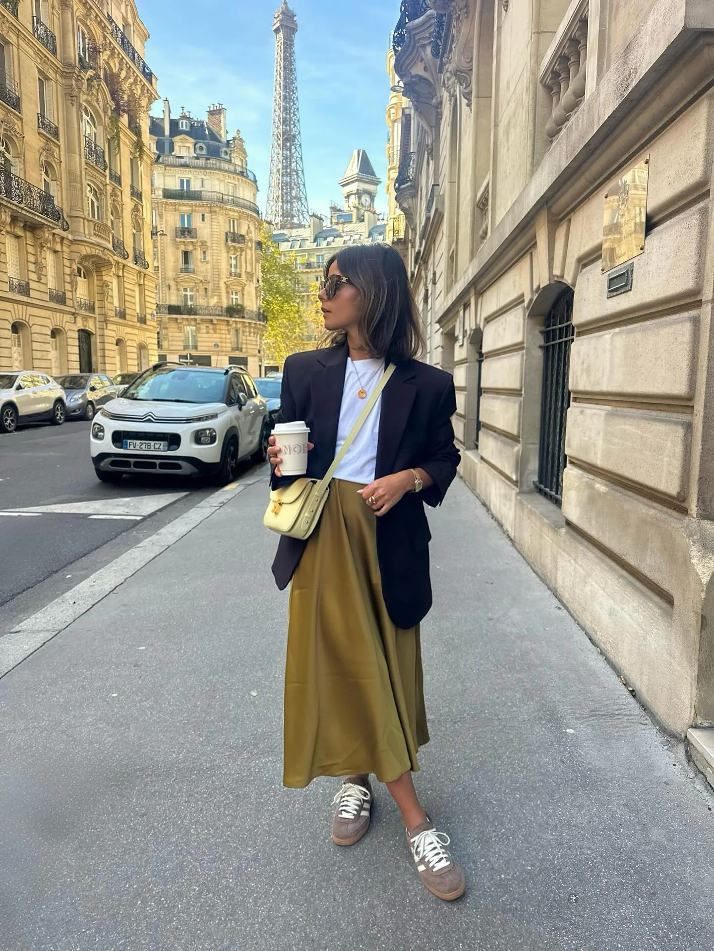 fall outfits ideas 2026 Olive Satin Skirt And Oversized Blazer For Modern Parisian Style