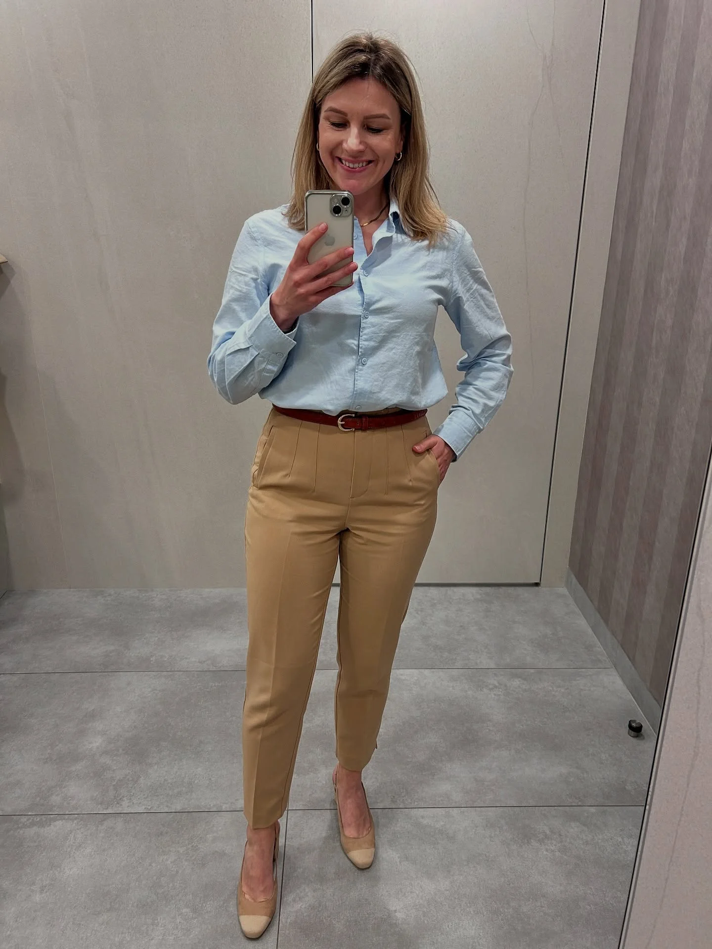fall work outfits 2026 Soft Camel Trousers And Pastel Shirting For Everyday Business Casual