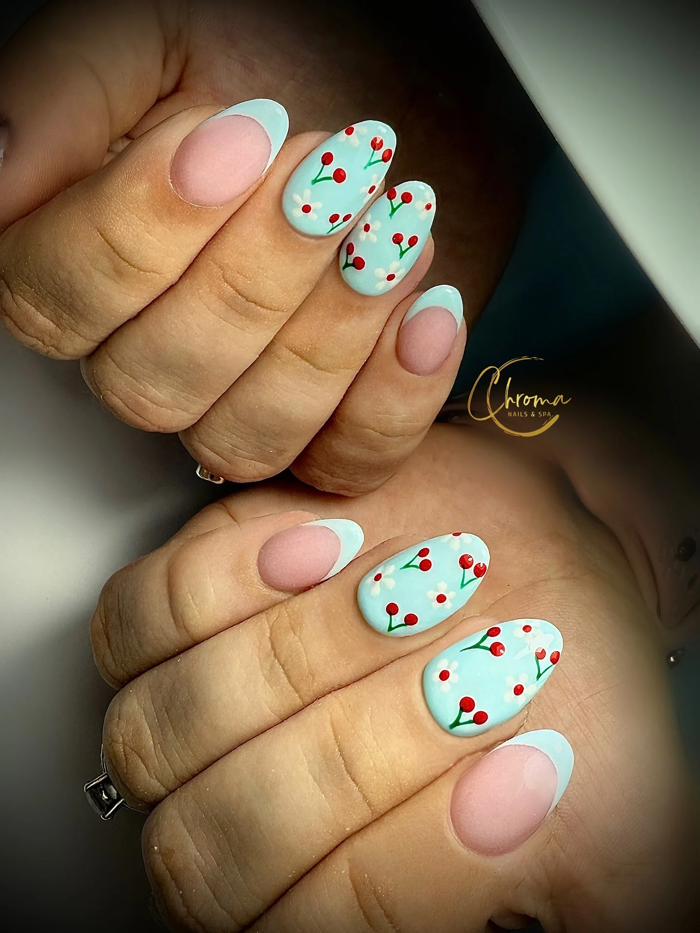 july nails design ideas 2026 Soft Blue Cherry Nails For Sweet Summer Days