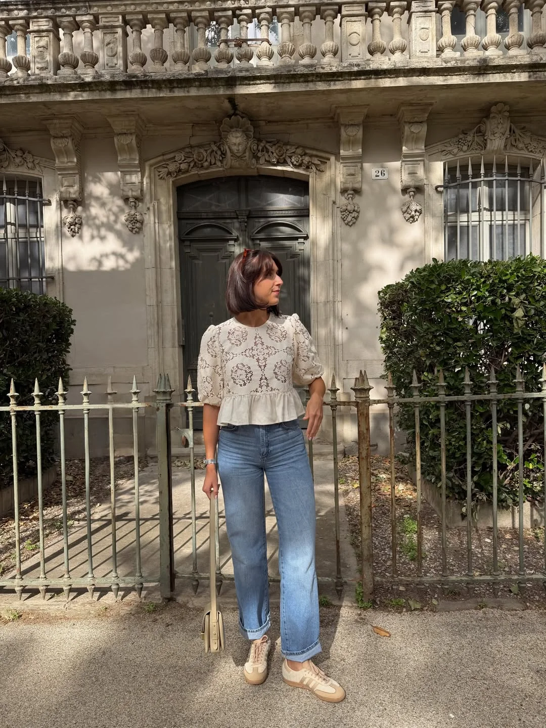 early summer outfits 2026 Romantic Embroidery And Relaxed Denim Balance