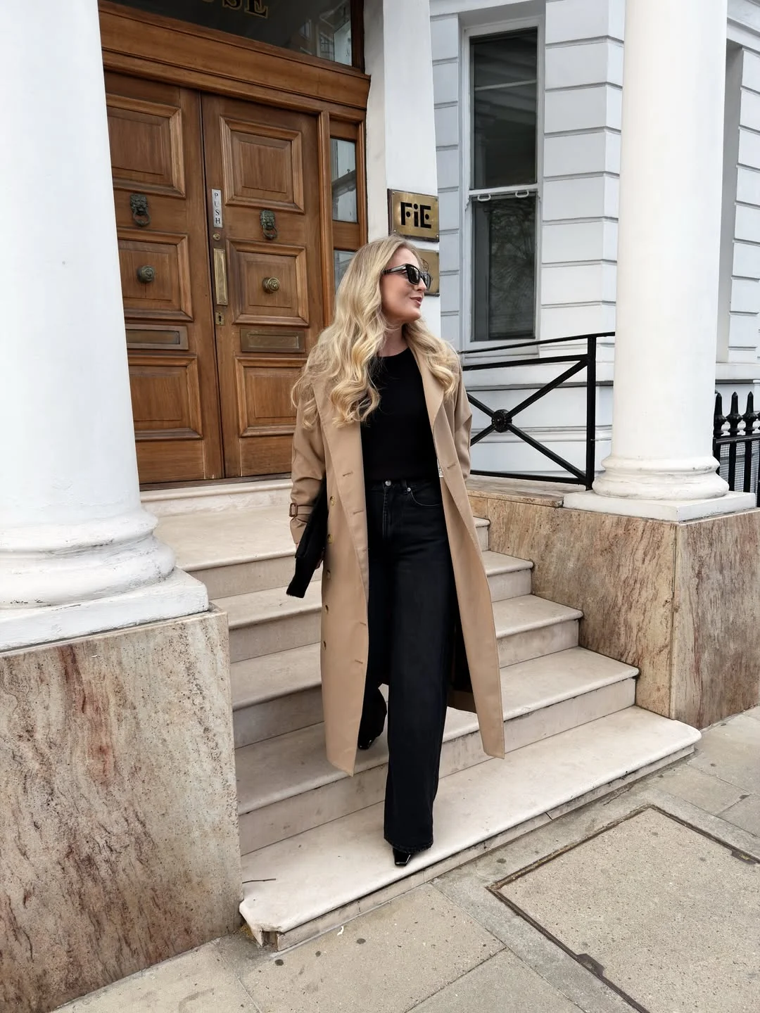 fall business casual outfits for women 2026 Classic Camel Trench And Black Denim Elegance