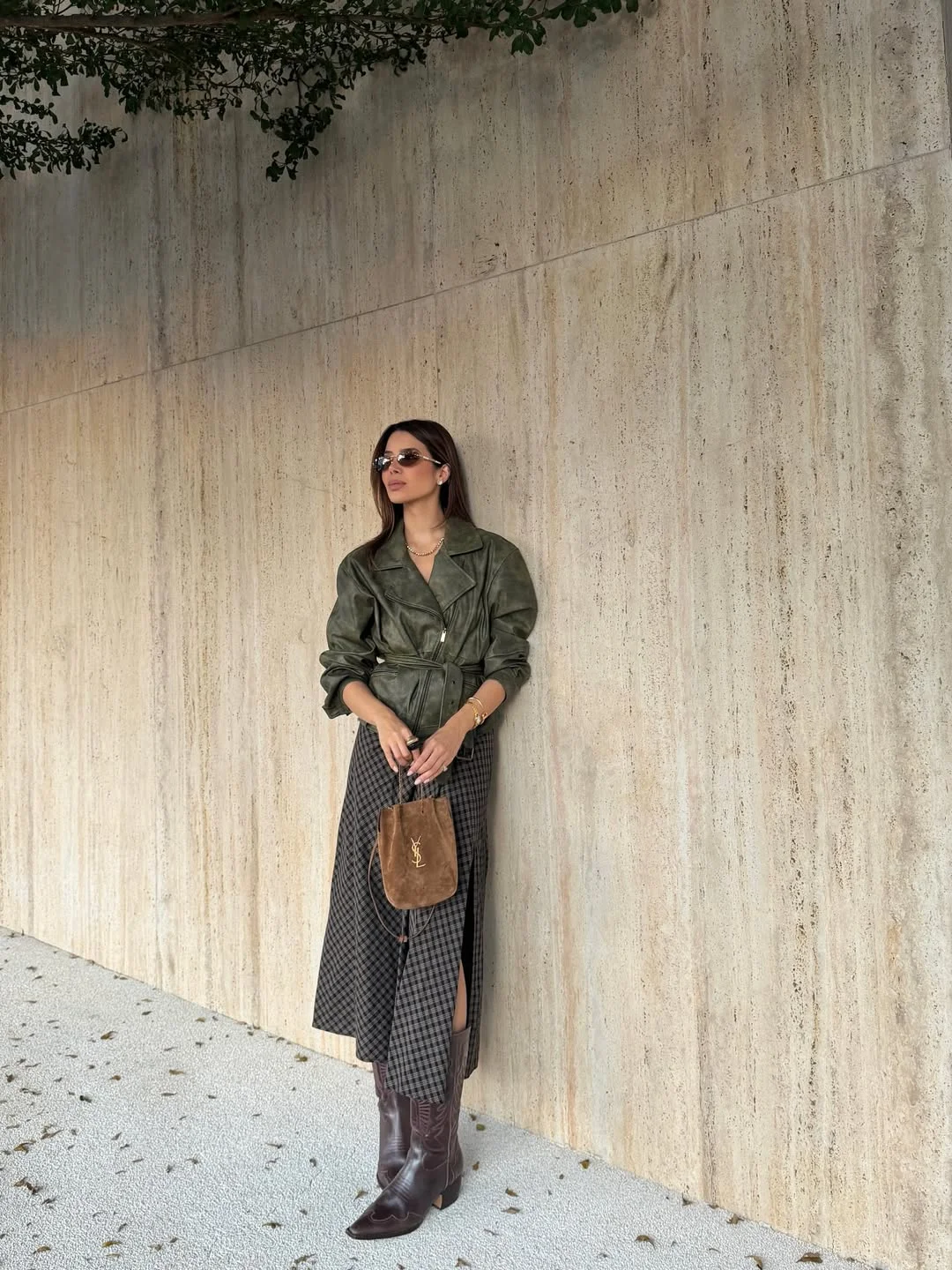 fall outfits with boots 2026 Olive Leather And Plaid For A Fresh Autumn Update