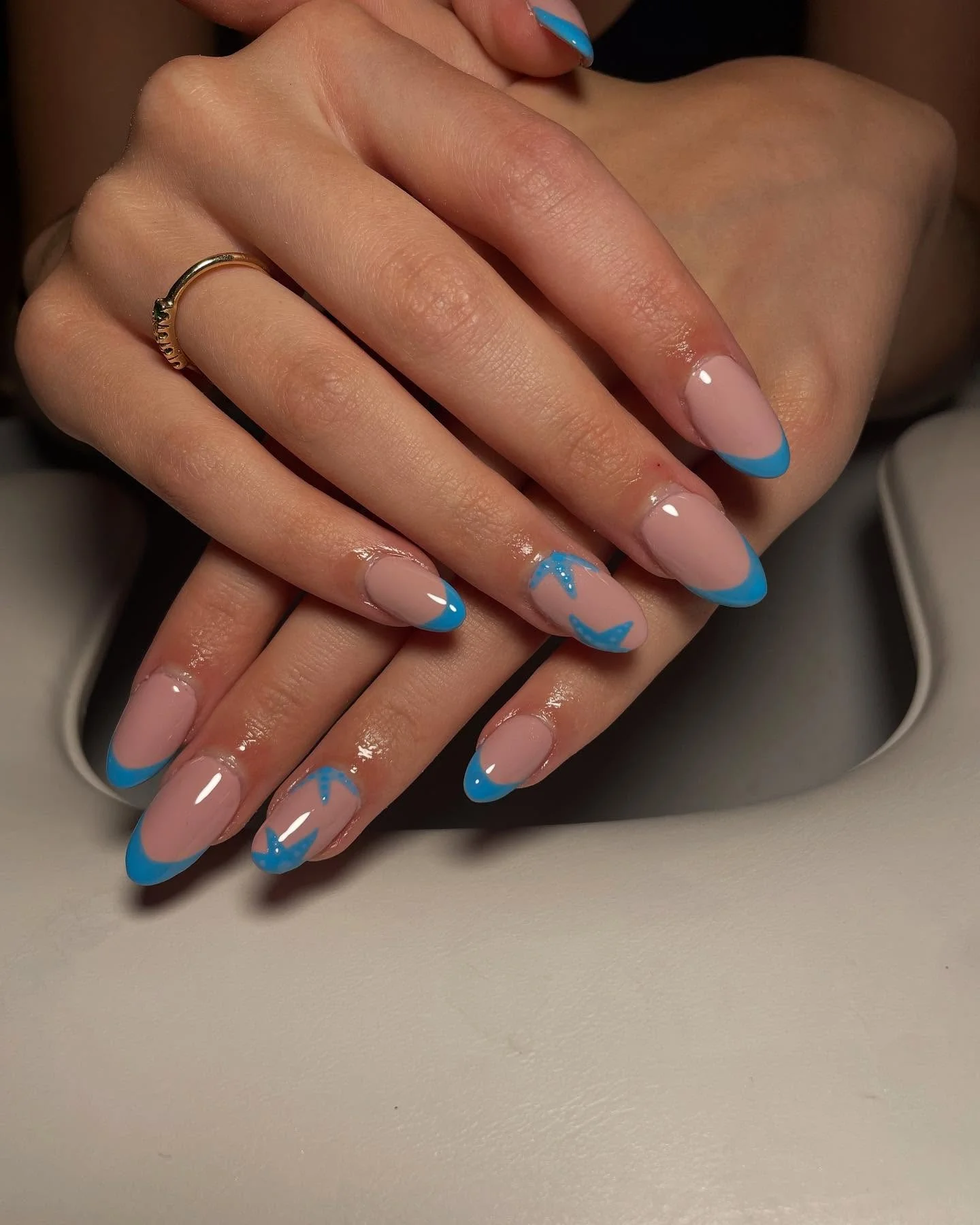 starfish summer nails 2026 Minimal Blue French Starfish Almond Design