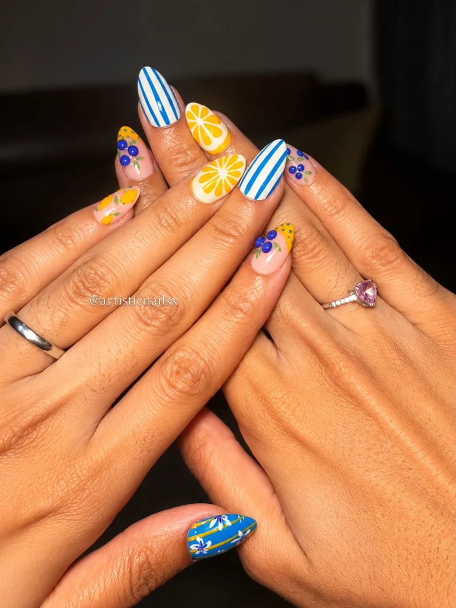summer oval nails 2026 Mediterranean Lemon And Blue Stripe Nail Art