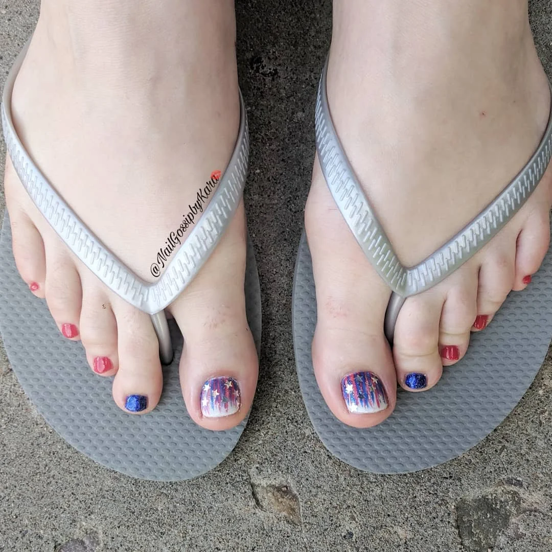 july toe nails design - summer ideas 2026 Glitter Fireworks Fade Pedicure For Independence Day