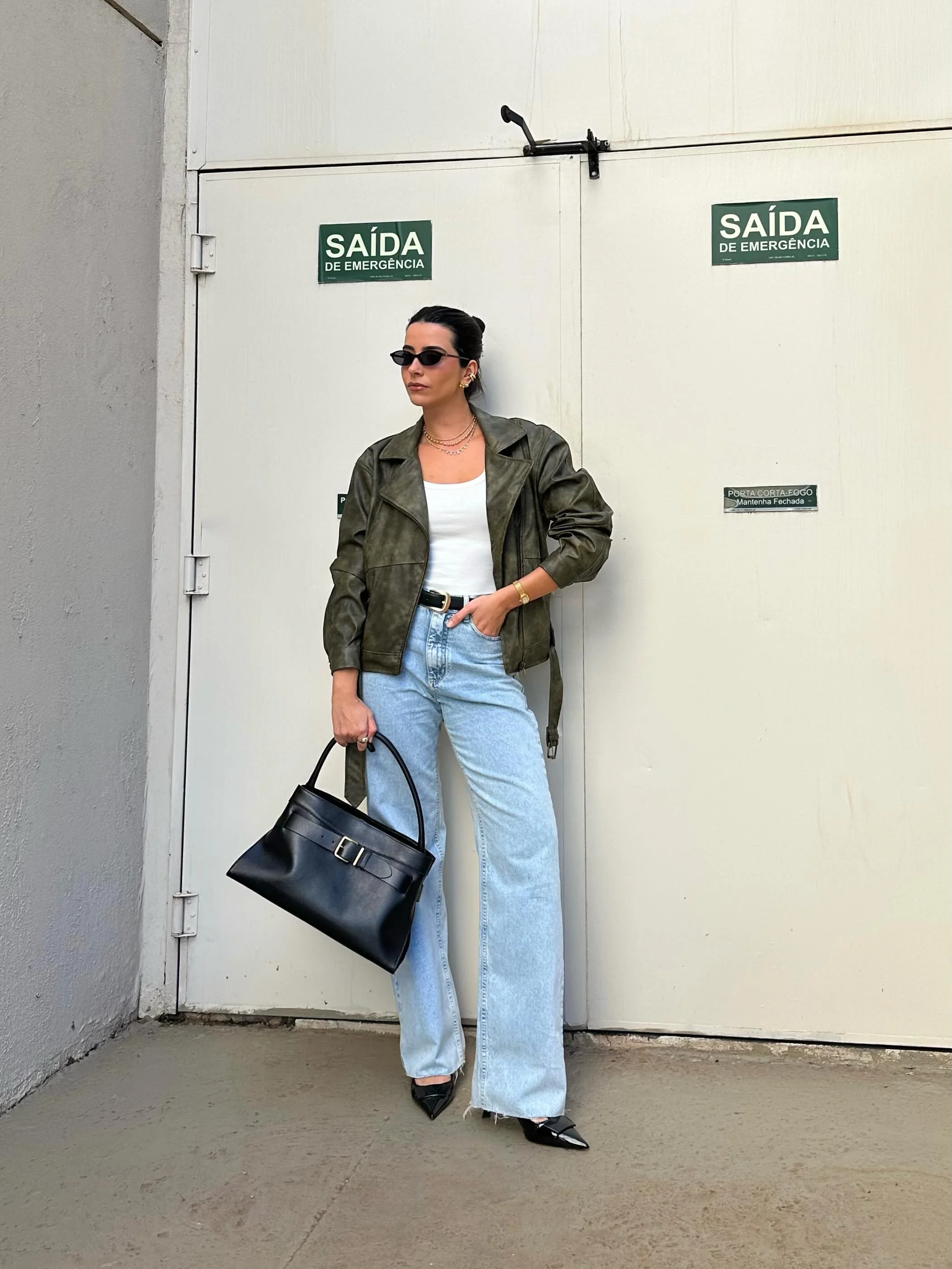 fall denim fashion outfits 2026 Olive Leather Layers With Relaxed Light-Wash Denim
