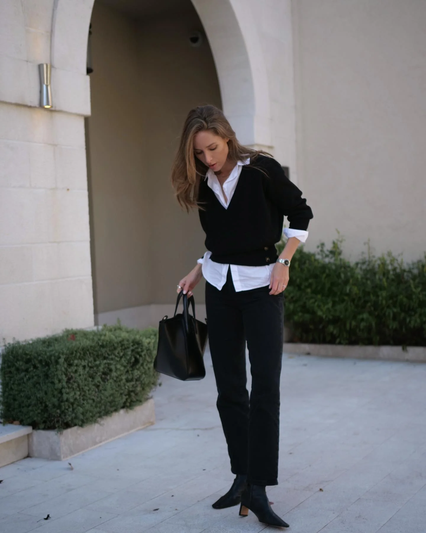 fall office outfits for women 2026 Black And White Layers With Timeless Office Boots
