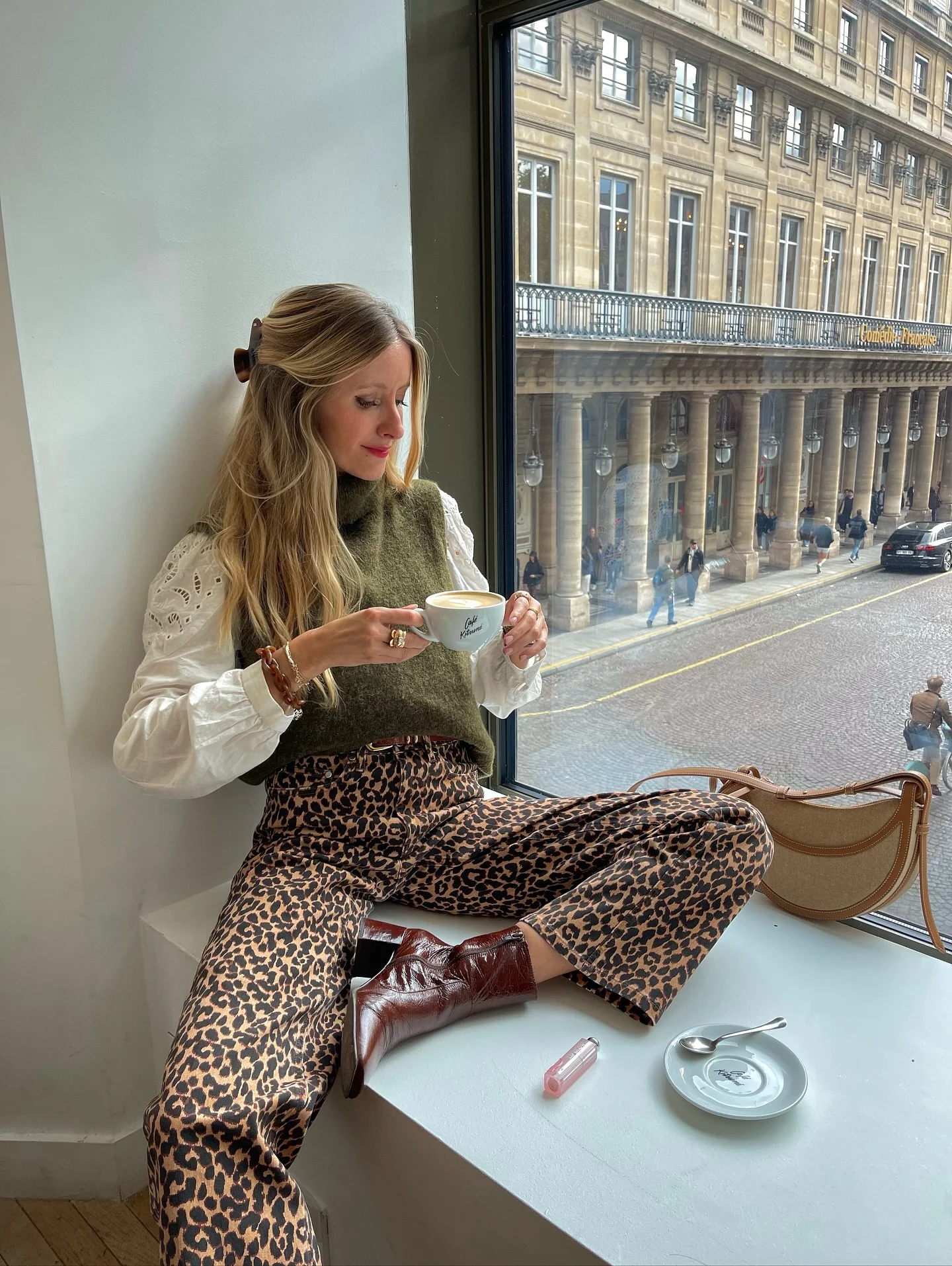 fall outfits with vests 2026 Cozy Café Style With A Sweater Vest And Leopard Trousers