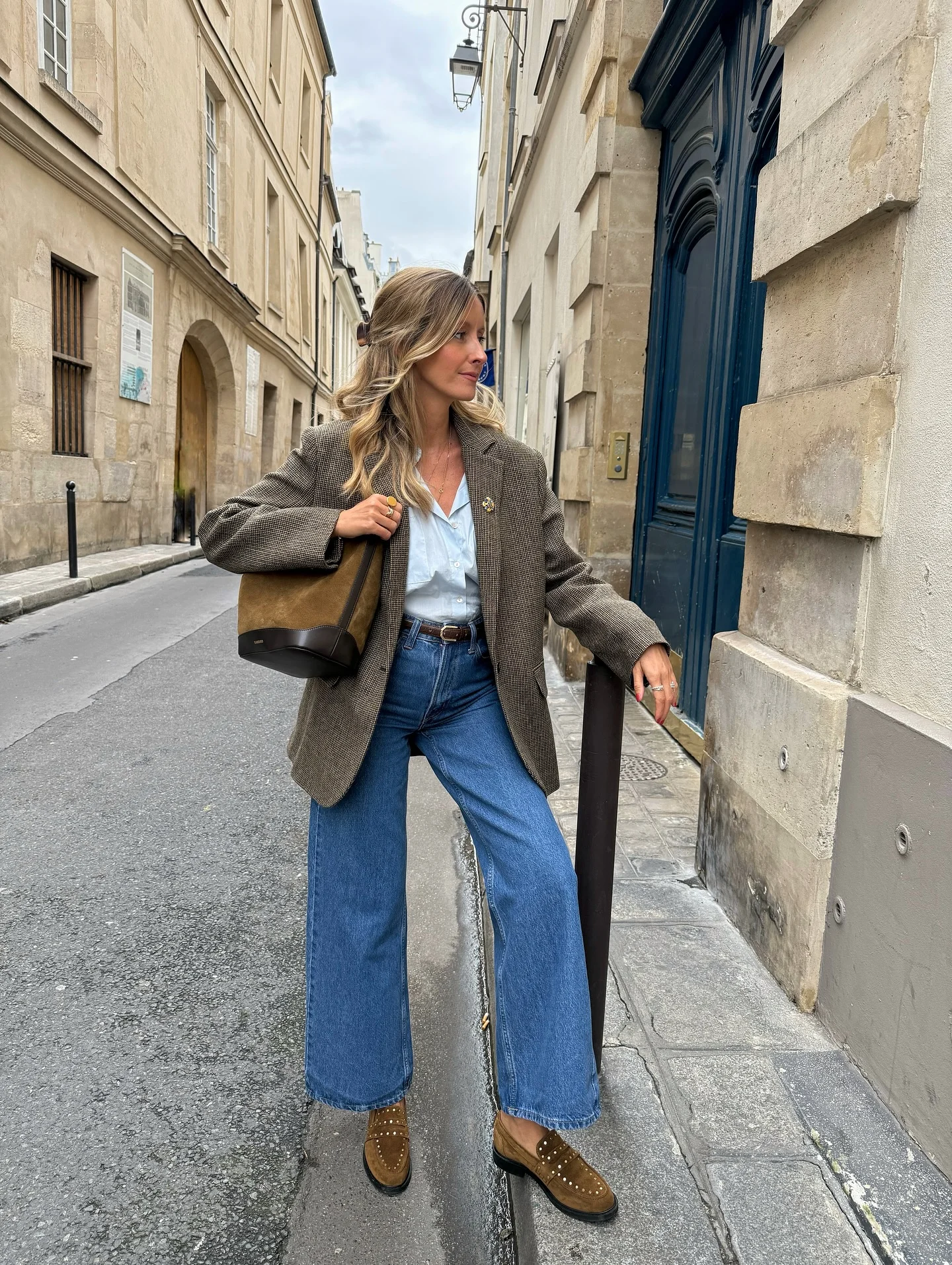 fall work outfits 2026 Parisian Blazer And Wide-Leg Denim Balance