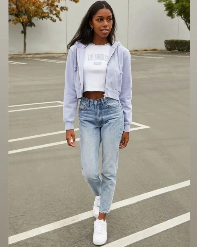 back to school outfits 2026 Soft Lavender Layers And Light Denim Comfort