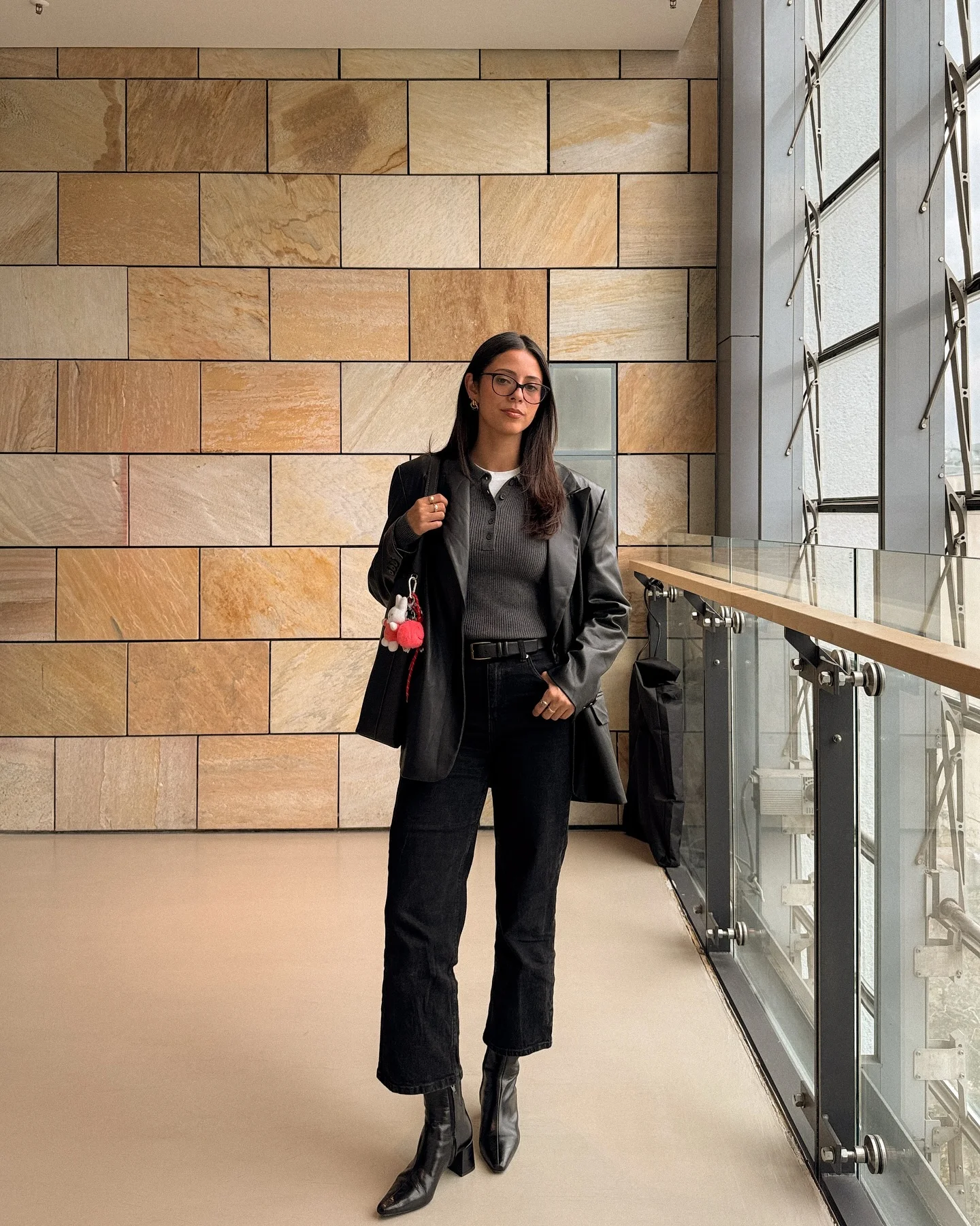 fall office outfits for women 2026 Dark Denim And Leather Blazer For Modern Casual Work Days