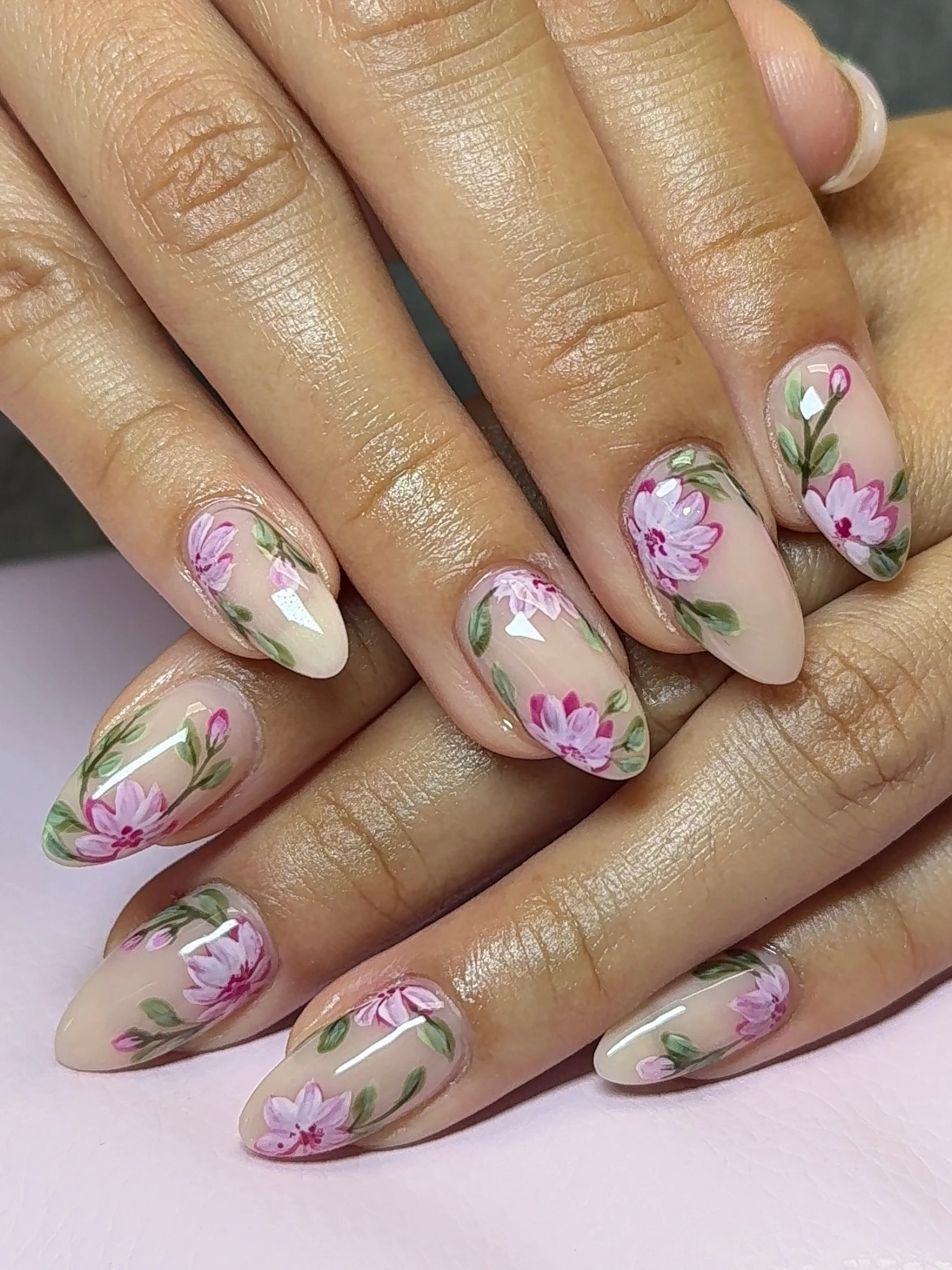 summer oval nails 2026 Romantic Pink Botanical Blooms