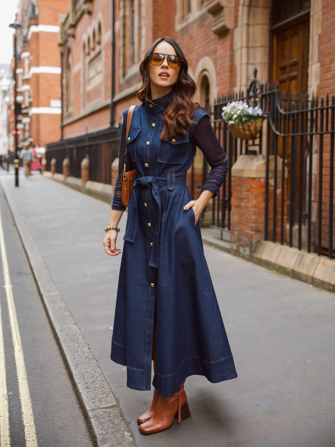 fall denim fashion outfits 2026 Denim Shirt Dress Elegance With Rich Cognac Boots