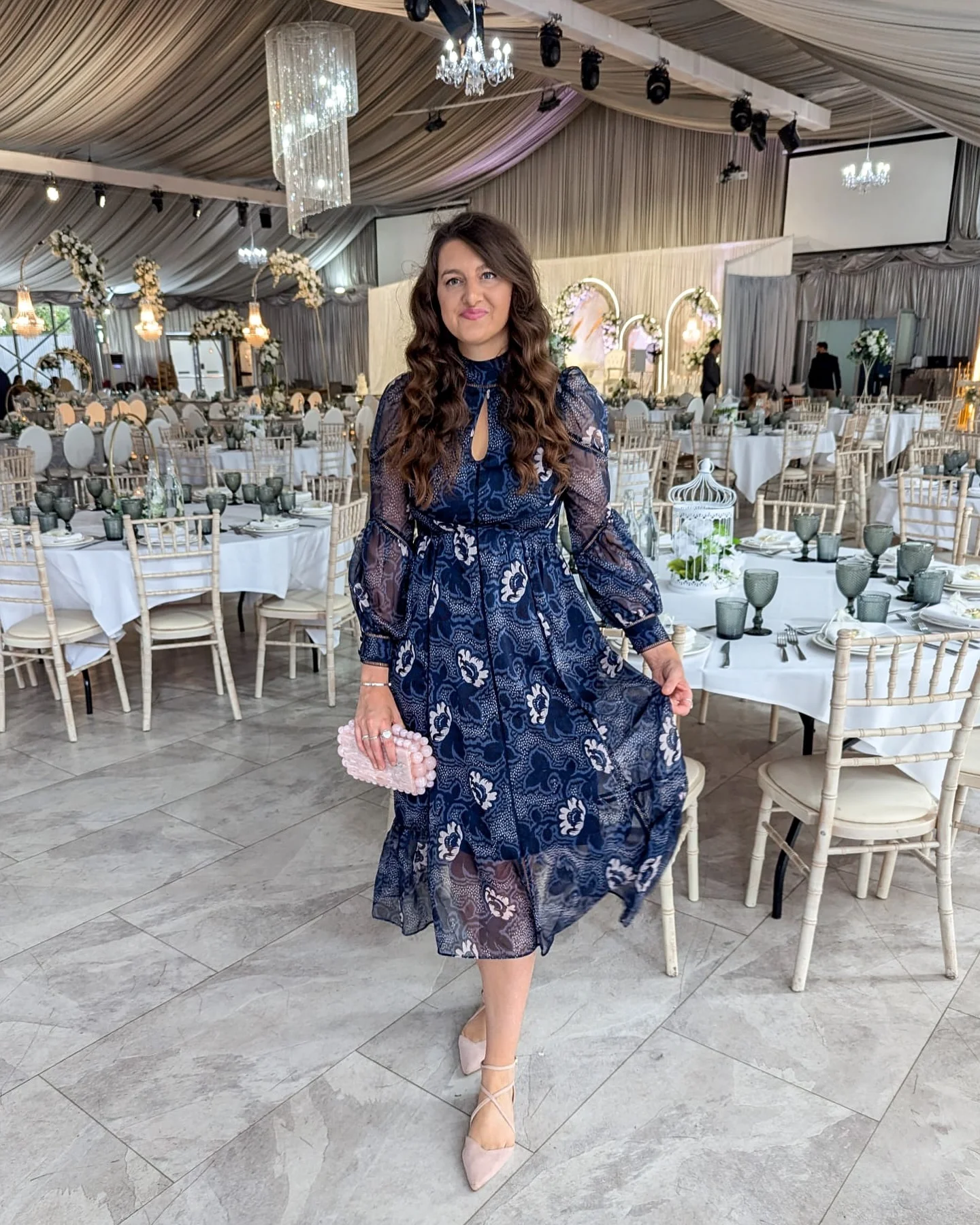 fall wedding guest dress 2026 Navy Printed Charm For Semiformal Fall Receptions