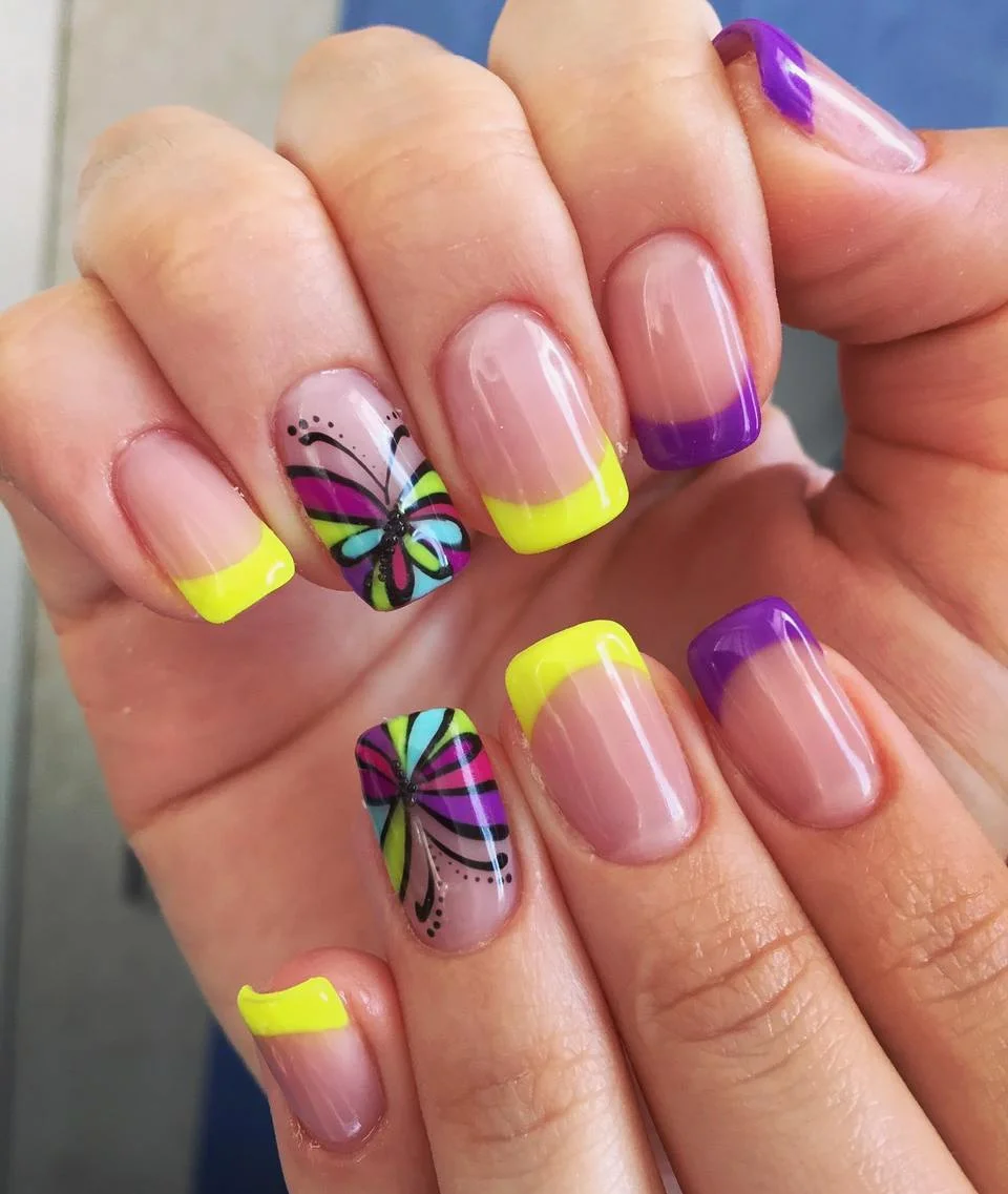 july nails design ideas 2026 Neon Butterfly French Tips