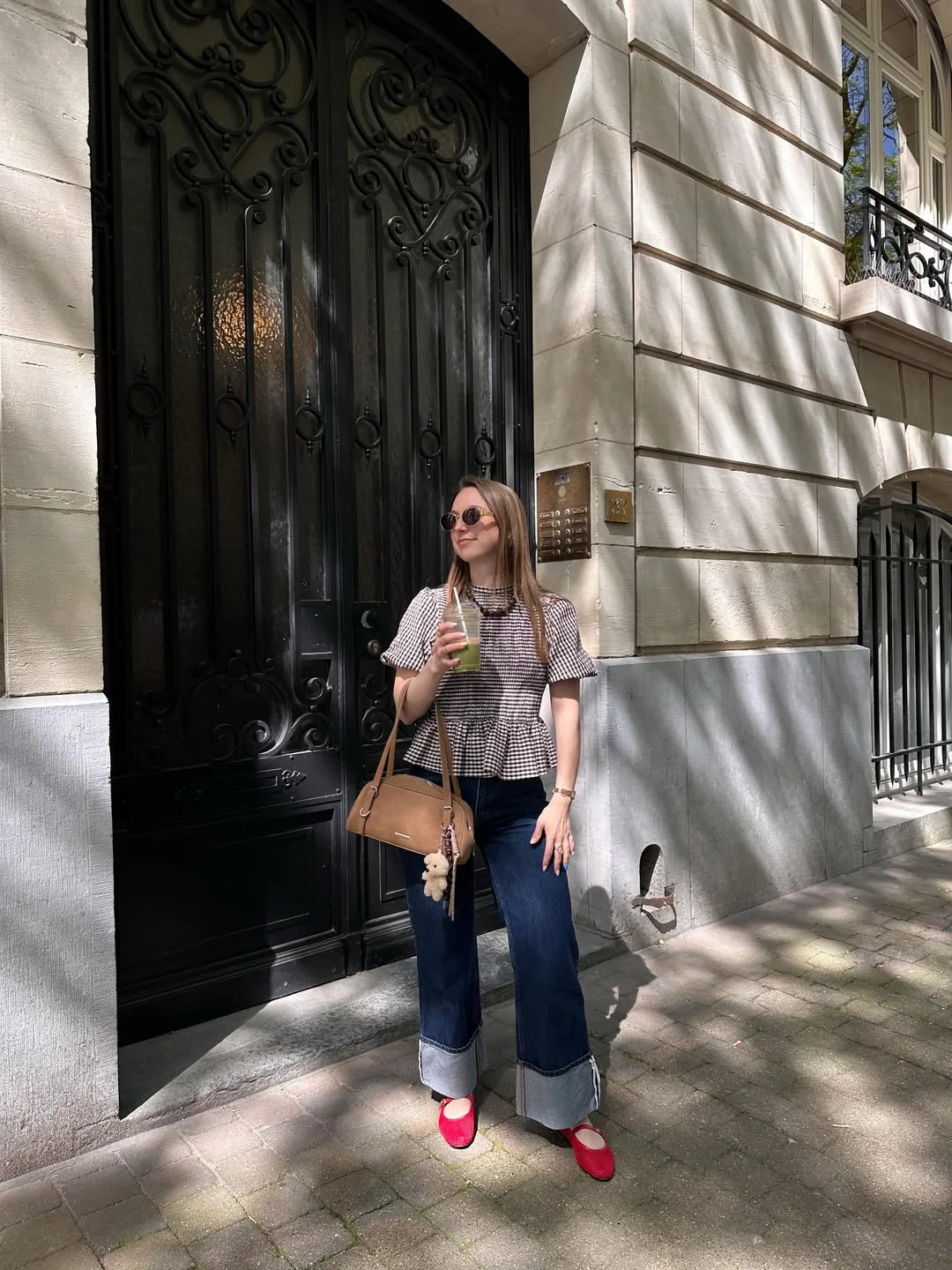 early summer outfits 2026 Gingham Charm With Statement Red Flats