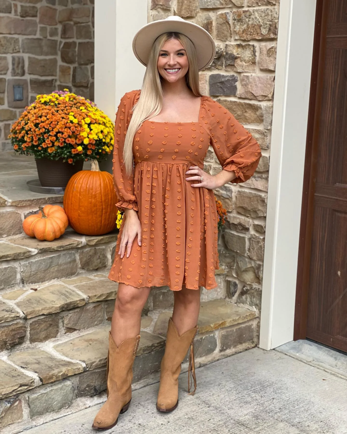 fall outfits with dresses 2026 Pumpkin Spice Mini Dress With Western-Inspired Charm